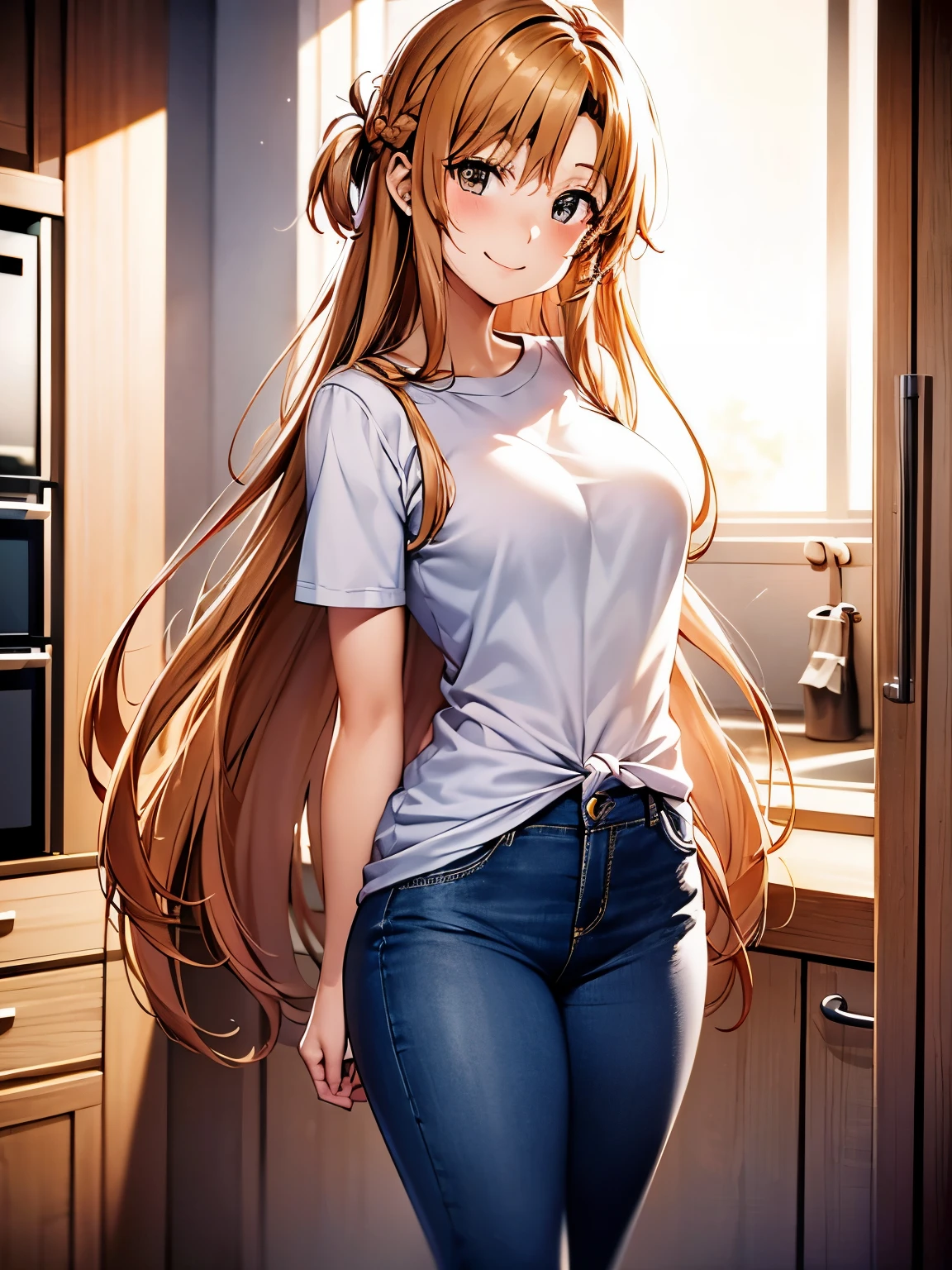 woman portrait 、asuna yuuk、Jeans、Eproン、シロ色shirt、Ｔshirt、sweater　clothes,kitchen,cinematic lighting、smile、blush、Epro、long hair,