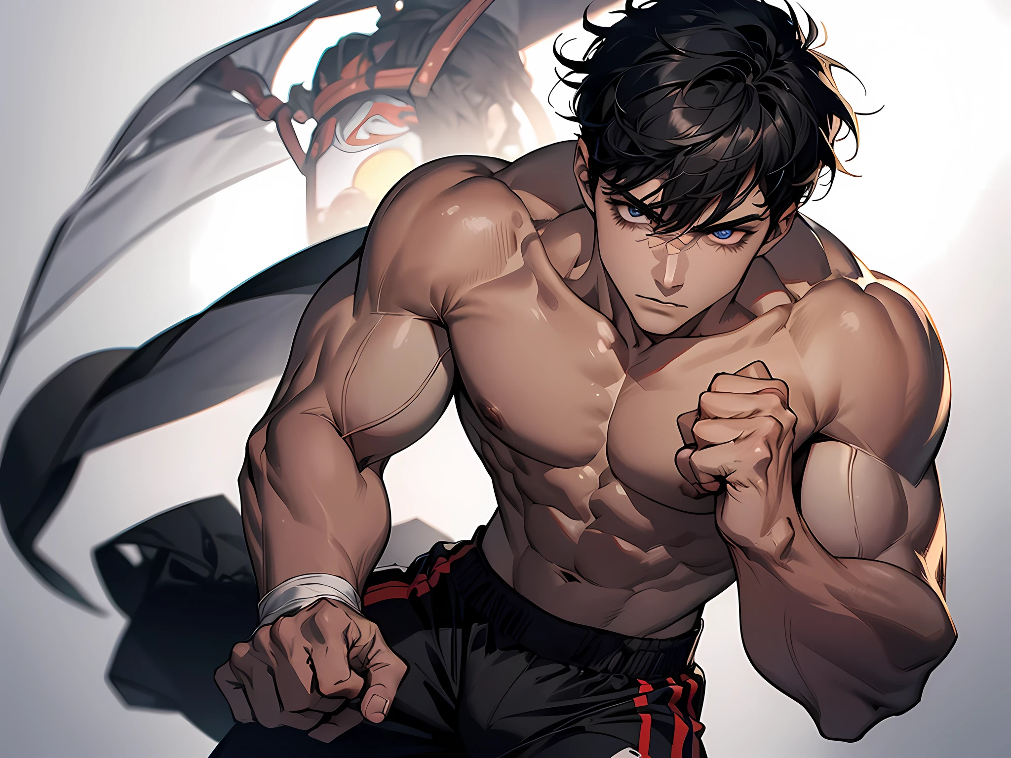1 man, shirtless, wearing boxing pants, muscular body, black hair, short hair, detailed eyes, face to detail, fighting pose on ring, pro boxing athlete, aggressive facial expression, half-body illustration