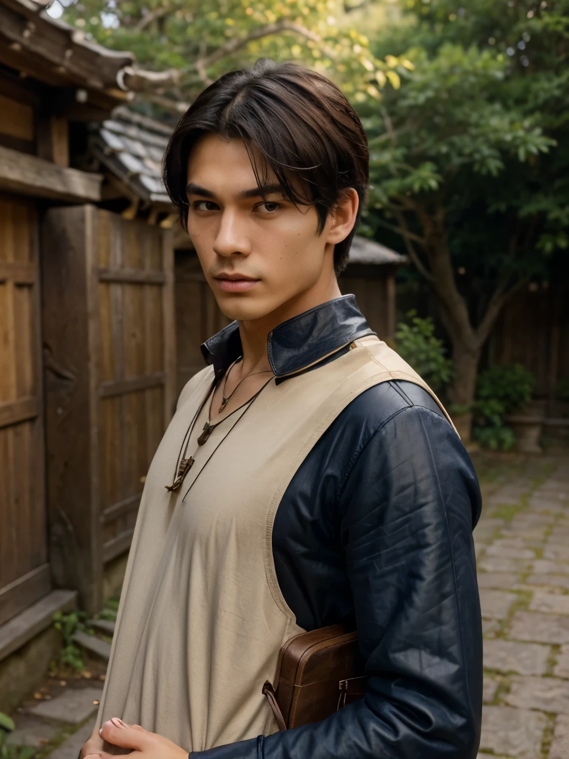 boy, handsome, warm beige skin tone, japanese, 183 cm tall, quite athletic body, slim waist, japanese haircut, black hair, brown eyes, soft sleepy eyes, quite long eyelashes, medium thick flat eyebrows, bow-shaped lips, calm angry face, quite pointy nose, mole on below right eye, not very veiny hand, giving unimpressed vibe, looks smart but not nerdy, medieval age, medieval style outfit, earth tone theme clothes, leather gloves, carrying a big backpack, medieval countryside, wearing an indigo pendant necklace