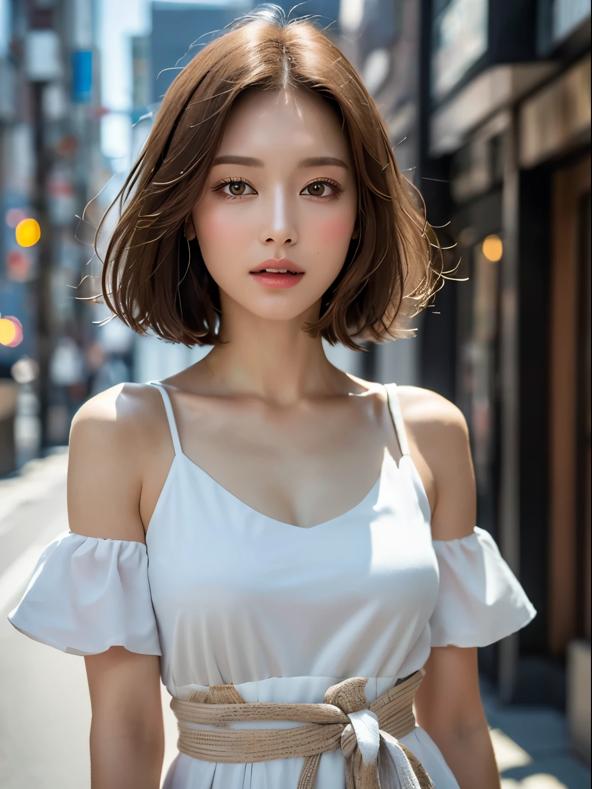 In this project, Imagine shooting in a studio inspired by the streets of New York.、We will create a highly detailed CG Unity 8K wallpaper modeled on a realistic beautiful 30&#39;s actress.。, With hairstyles and fashion styles that match the trends of 2023、Realistic and ultra-detailed finish. The model is slender, cute, and mature. It features a straight bob style that is in line with the trends of 2023., light brown hair and thin, small face. The shoot will take place in a studio inspired by the cityscape of New York., Against a background of urban elements. Camera angles should be from the waist up. The skin quality of the model is delicate, Pay attention to the fine details and softness of the hair.。. using professional lighting、Capture bright photos by reproducing realistic light and shadows。. The model&#39;s hair color is honey blonde, Her skin color is natural beige. Makeup should focus on bright lips and eye-catching mascara, Creates a natural and light styling. Aligning with the trends of 2023、Choose sophisticated style dresses and urban fashion pieces. The final image is、Must be photographed in a studio reminiscent of the New York City skyline。, We want to express soft light and an urban atmosphere..