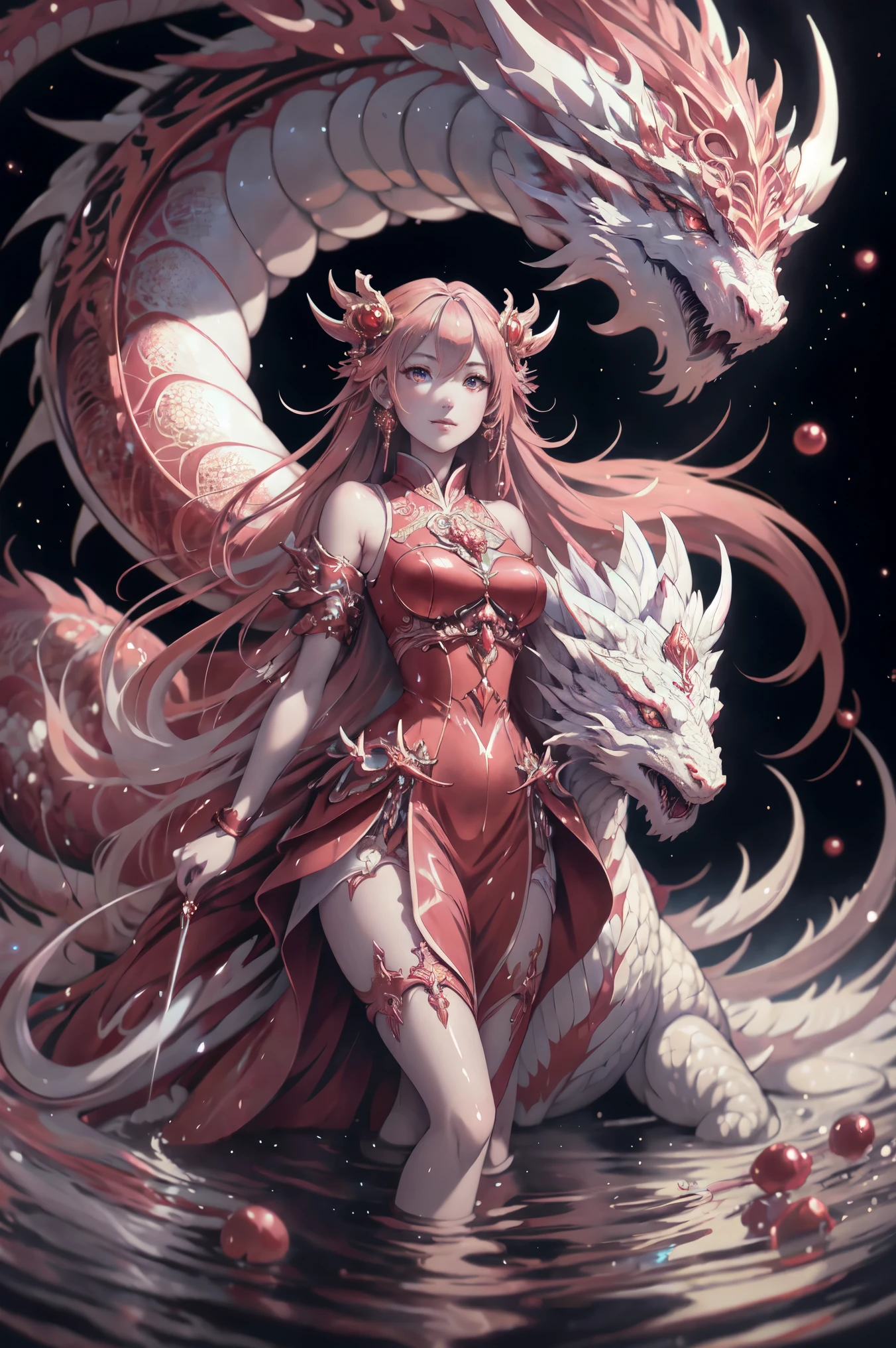 anime girl with long hair and red dress standing in water with a large dragon, anime art wallpaper 4k, anime art wallpaper 4 k, anime art wallpaper 8 k, anime fantasy artwork, 4k fantasy art, badass anime 8 k, anime epic artwork, onmyoji detailed art, anime fantasy illustration, inspired by Nōami, anime style 4 k