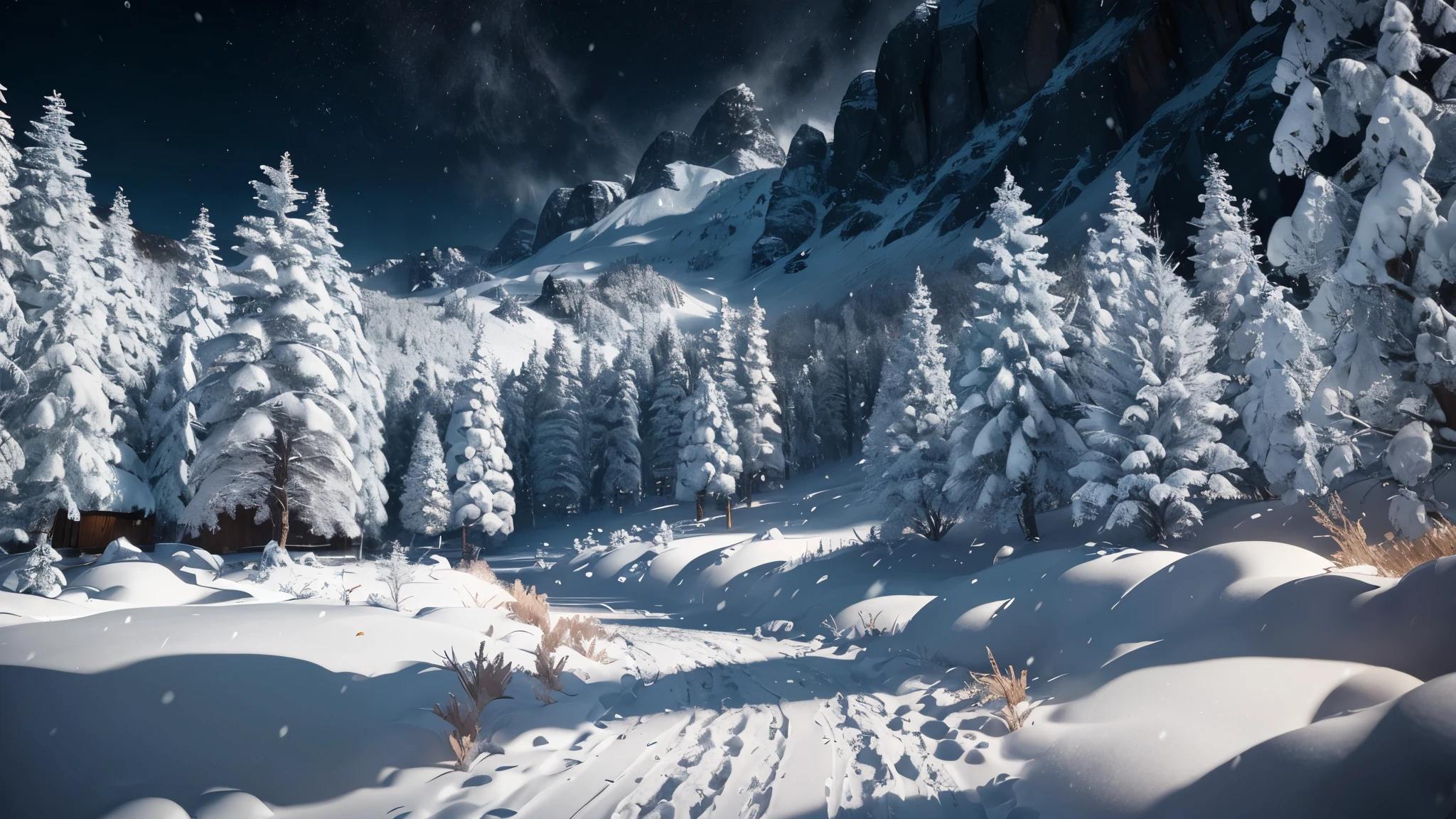 snow landscape,Back shadow,(The girl who left turned her back to the audience:1.1),中景 the scene is,独奏,(cabelos preto e longos),(without a hat),Wear a red cotton coat,Black boots,Go into the distance,Heavy snowfall,Roads to distant places,Trees wither in winter,blanketed in a mantle of snow,Winter tones,somber mood,The vista is a mountain,(Snowflakes drift in the endless sky),8k wallpaper,cinema4d,Cinematic lighting effects,light and shadow effect,Tyndall,rendering by octane,White balance,Unreal 5,Extremely detailed picture,light particules,depth of fields,tmasterpiece,realisticlying