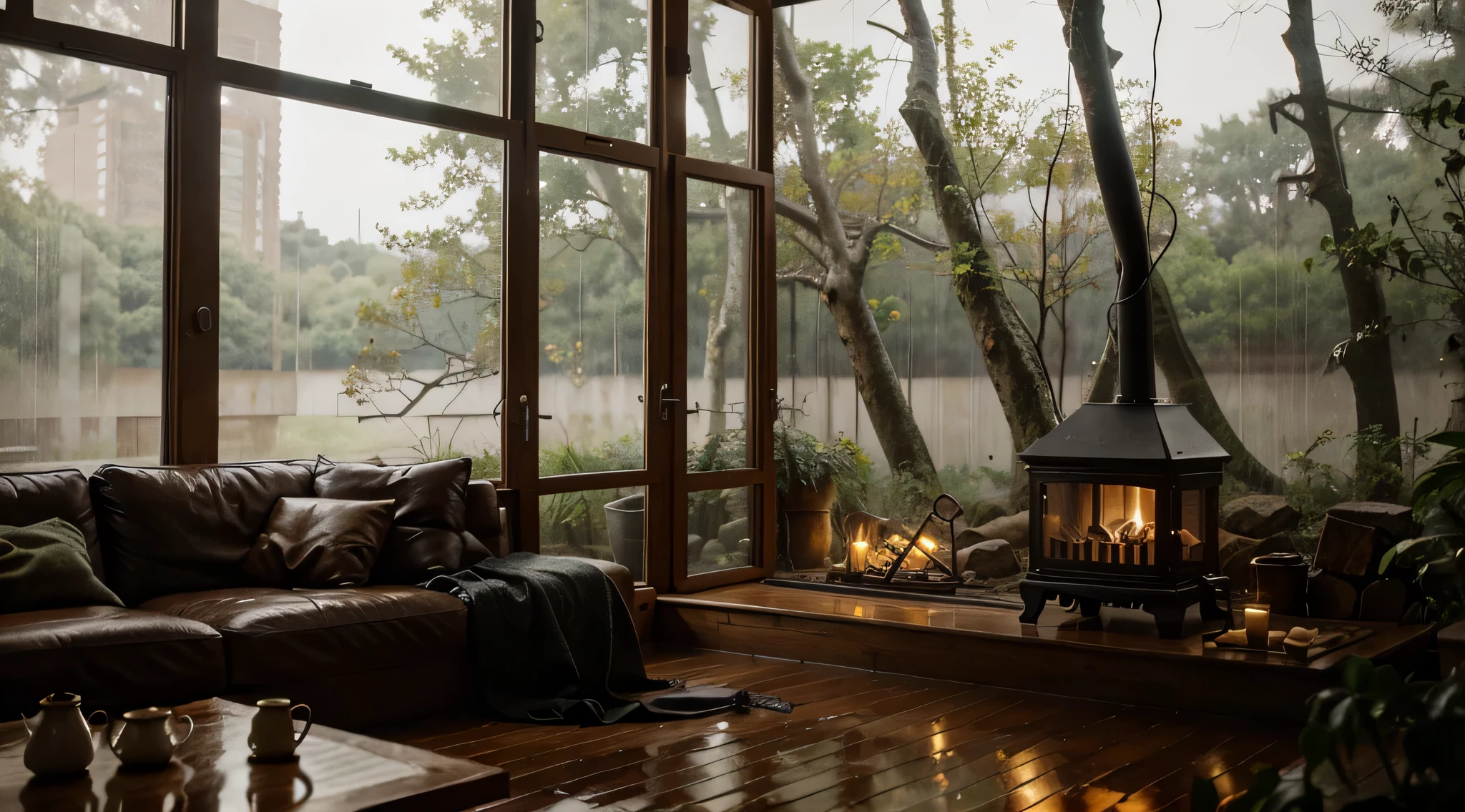 a dimly lit room with a fireplace and a cozy couch in front of a window, rainy night, cozy place, rainy evening, cozy atmospheric, fairy lights, twinkling, rain aesthetic, cozy home background, rainy mood, inside on a rainy day, raining at night, cozy night fireflies, large windows to forest at night, rainy and gloomy atmosphere, rainy and wet atmosphere, lightening