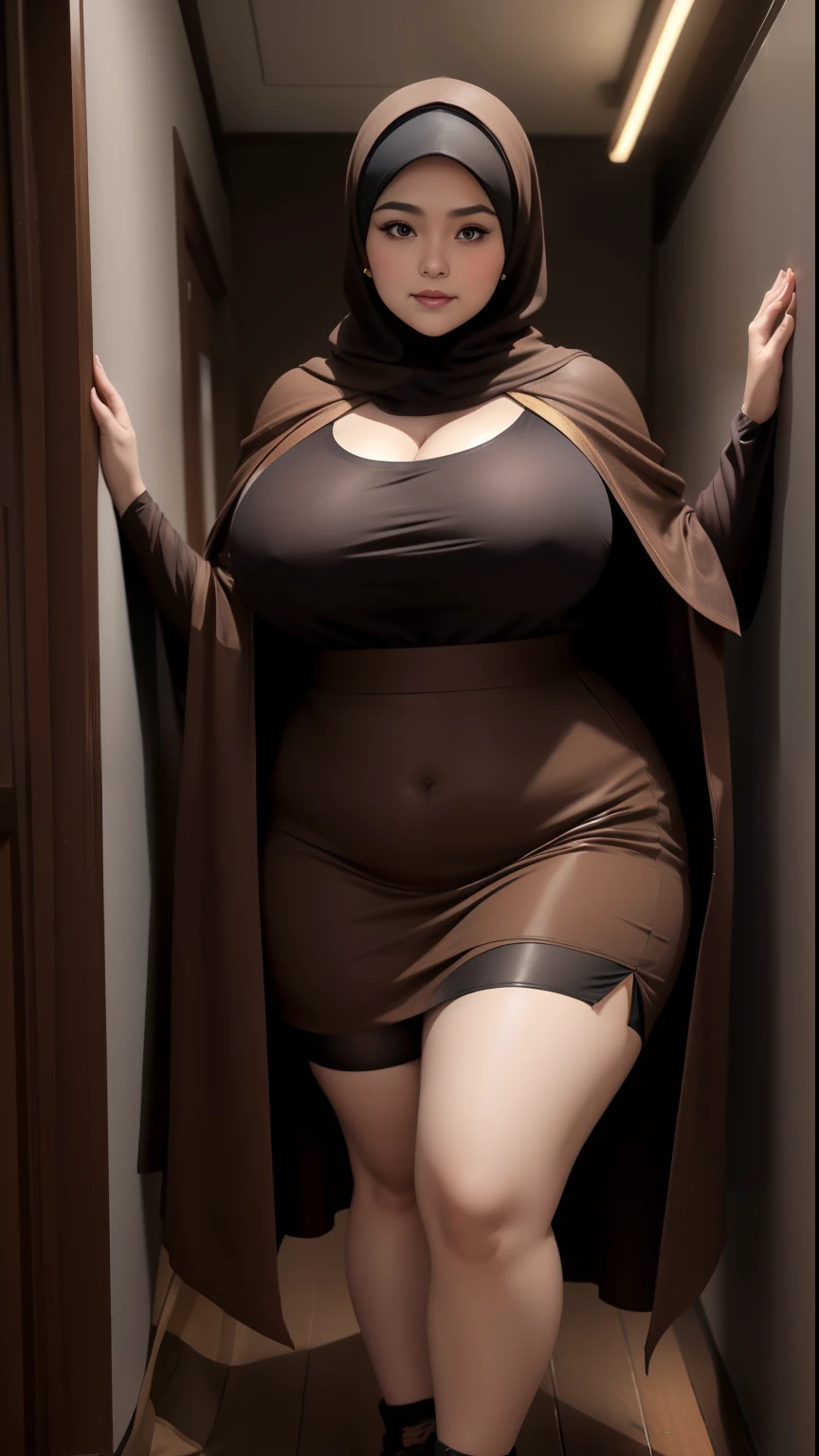 woman in brown dress and shorts hairstyle Leaning against the wall of the dark room, wearing brown clothes and cape, abaya outfit, with a long brown cape, cold fashion model, plus size, plus size woman, wearing brown robe, woman in brown robes, beautiful burqa's woman, thicc, brown outfit,, wearing a brown dress, brown , with stockings ,bbwchan, large cleavage, very large cleavage, massive cleavage , wearing a sneakers, 35 years old woman, asian women , short hair , full body