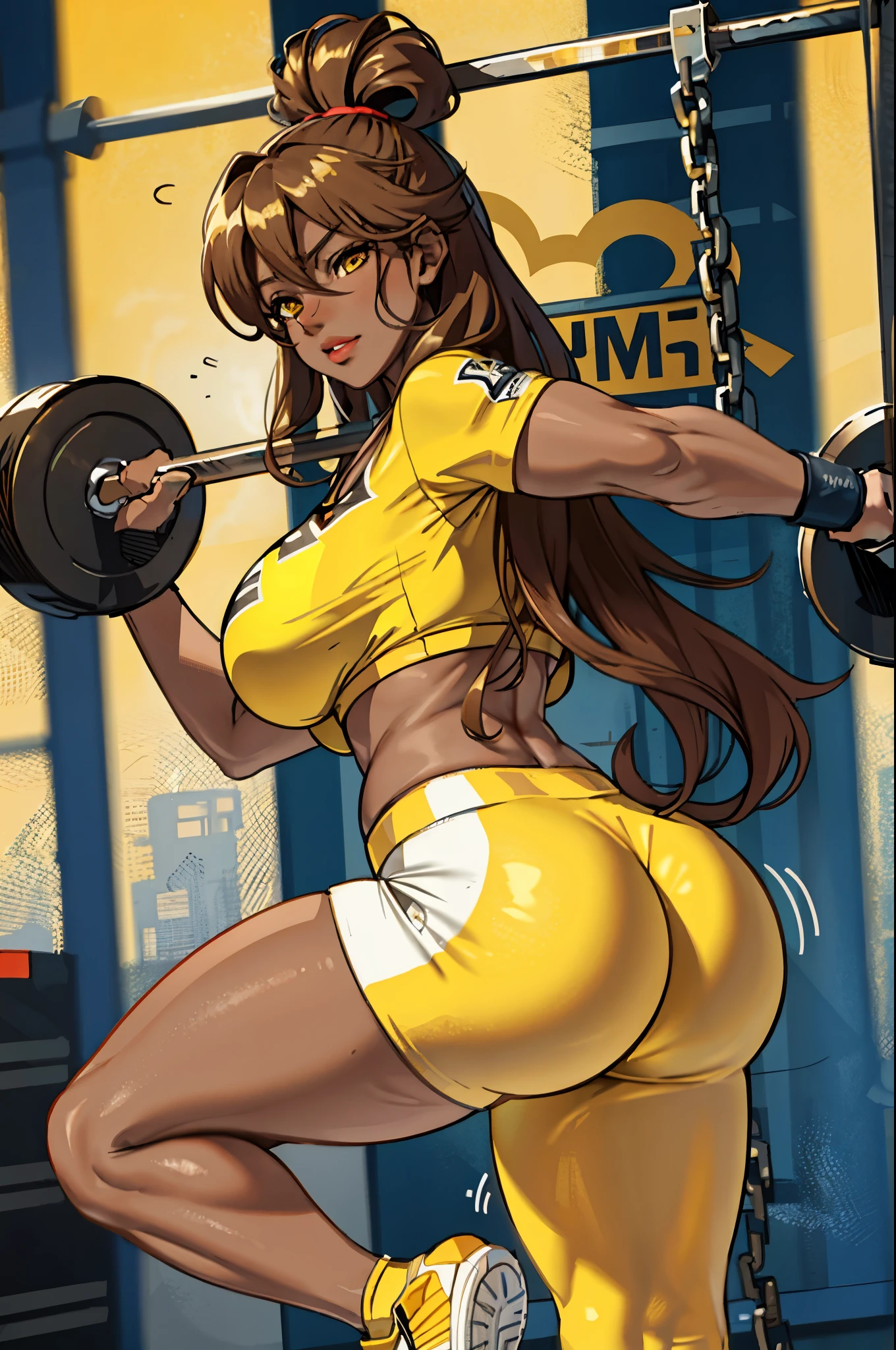 Best quality, massive breasts, massive ass, very curvy, dark brown skin, long blond hair, yellow eyes, slutty, gyaru, full lips, in pain, seductive, gym, workout, exercise, yellow clothes, yoga pants, gym, lifting, heavy lifting, darkskin, tan