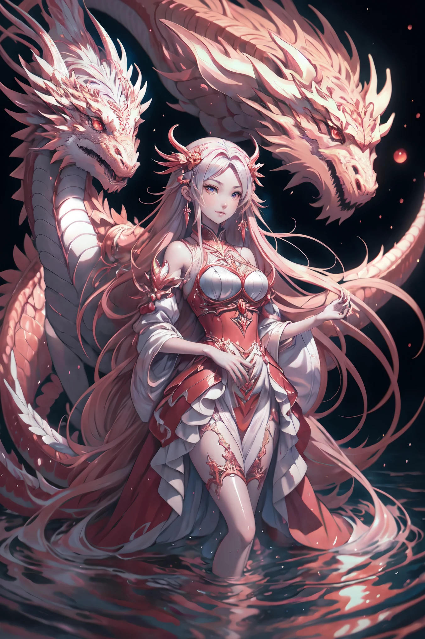 anime girl with long hair and red dress standing in water with a large dragon, anime art wallpaper 4k, anime art wallpaper 4 k, anime art wallpaper 8 k, anime fantasy artwork, 4k fantasy art, badass anime 8 k, anime epic artwork, onmyoji detailed art, anime fantasy illustration, inspired by Nōami, anime style 4 k