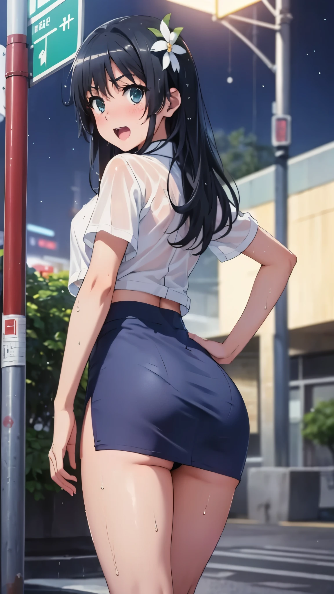 woman,,,city,night,(((white and blue tight miniskirt))),,open mouth smile(())(See-through),(()),((Nariko Saten)),blush、surprised face,((())),((turn around and look back))(wet with sweat)