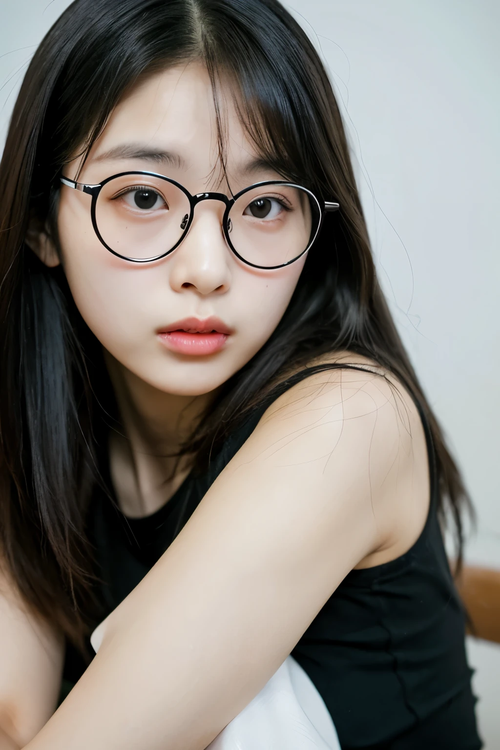Korean girl with thin round glasses with long black hair 