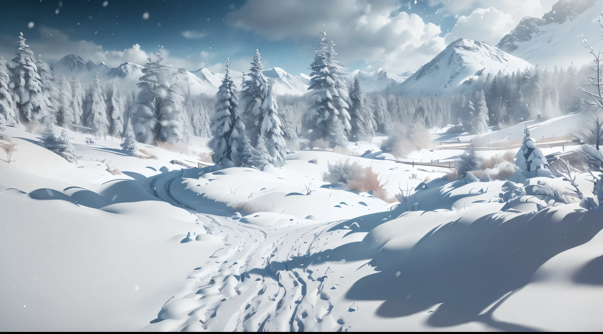 snow landscape,Back shadow,(The girl who left turned her back to the audience:1.1),中景 the scene is,独奏,(cabelos preto e longos),(without a hat),Wear a red cotton coat,Black boots,Go into the distance,Heavy snowfall,Roads to distant places,Trees wither in winter,blanketed in a mantle of snow,Winter tones,somber mood,The vista is a mountain,(Snowflakes drift in the endless sky),8k wallpaper,cinema4d,Cinematic lighting effects,light and shadow effect,Tyndall,rendering by octane,White balance,Unreal 5,Extremely detailed picture,light particules,depth of fields,tmasterpiece,realisticlying