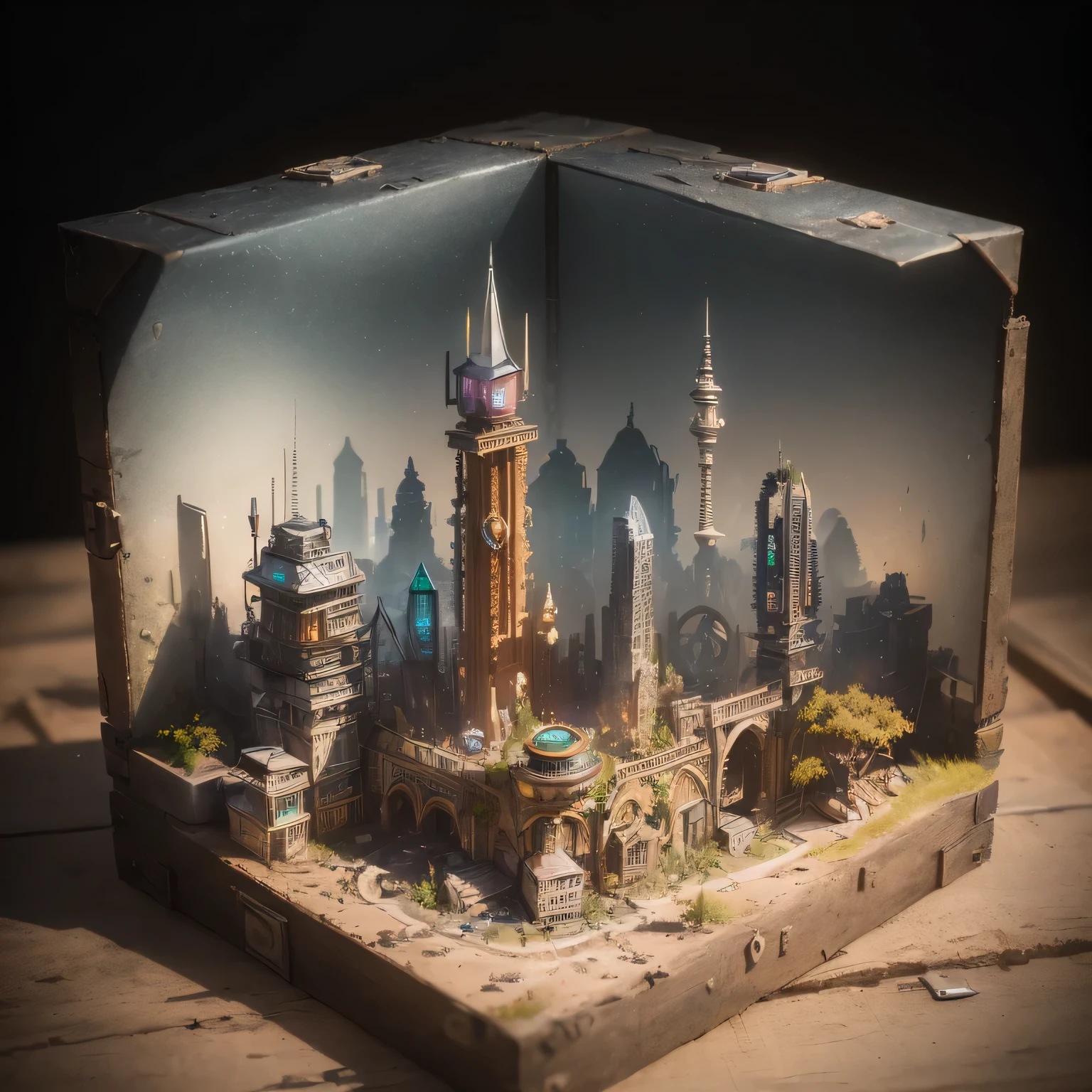 small realistic model, (split ends, original photo, best quality, masterpiece:1.4),Steampunk Cyberpunk 6920 City,(Cyberpunk light:1.3), Maz,horizon (related to land),(in a small nature box:1.3),Isometric, small nature, landscape on foundation,landscape,