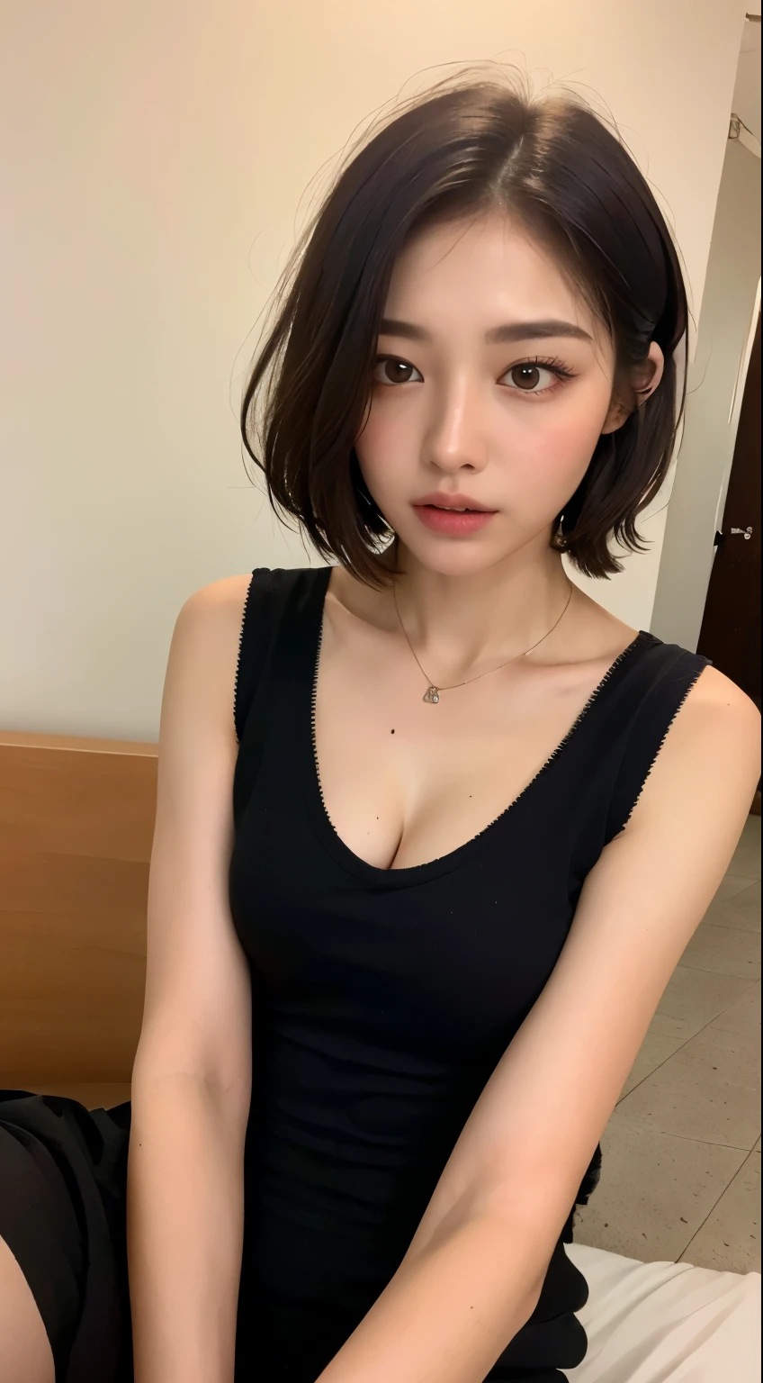 ((highest quality, 8K, masterpiece: 1.3)), beauty, hidden face, 1 girl, beauty: 1.3, thin abs: 1.1, camisole vest, Layered short brunette hair, (sitting on the bed), super detailed face, highly detailed lips, fine eyes, double eyelid