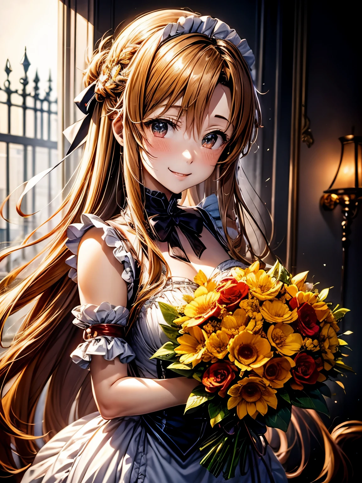 Yuuki Asuna,perfect human body、one girl、victorian maid costume cosplay:1.3,mini skirt、frills、smile、blush、flower garden,choose flowers:1.3、Bouquet with both hands、bright day、Full of energy、、brown hair、