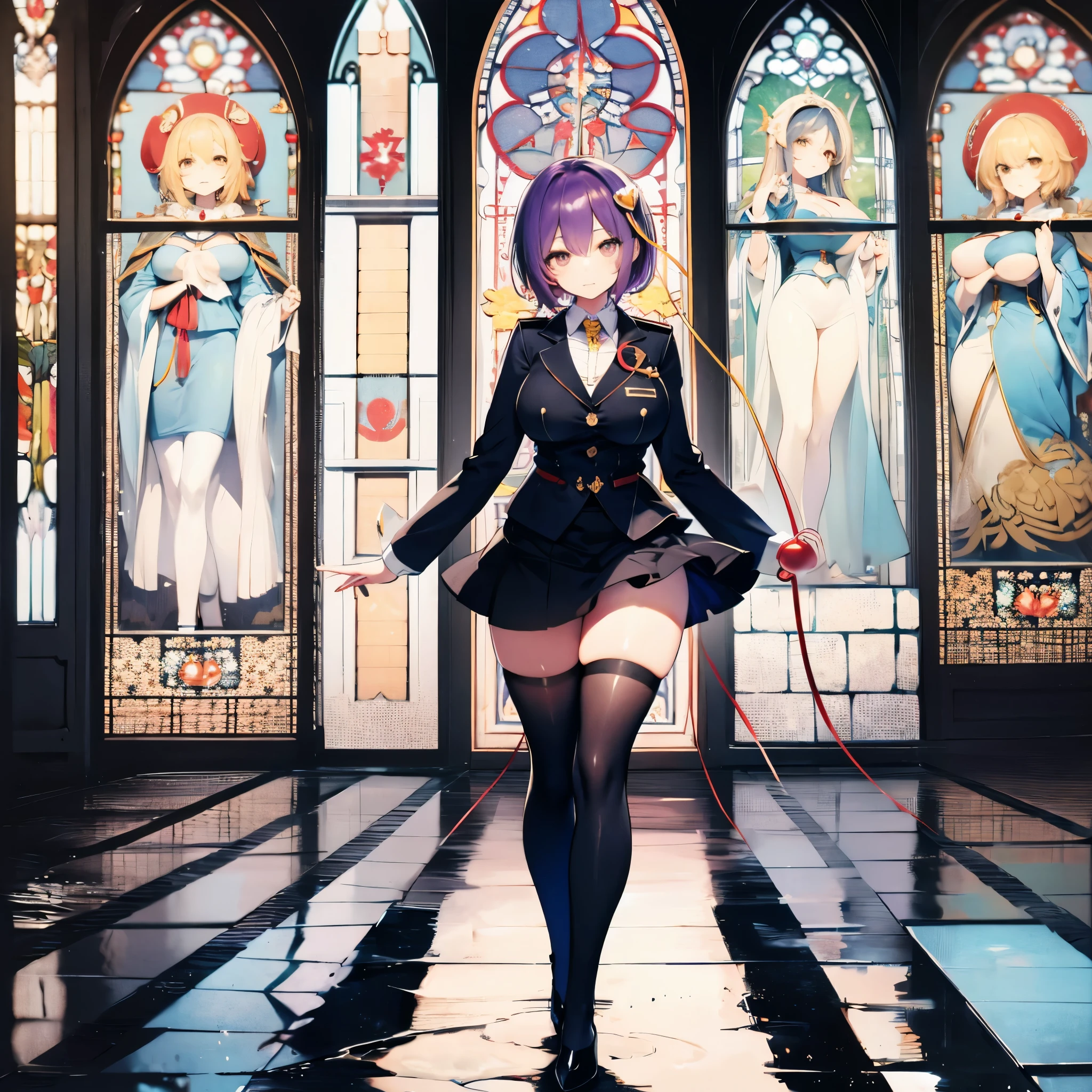 Satori toho character, (solo), standing, stained glass, BREAK, short hair, (huge perky breasts), bursting breasts, (inconceivably thin waist), very long legs, BREAK, (black blazer), (black thighhighs), very short black miniskirt, highheels, military, BREAK, masterpiece, ultra-detailed