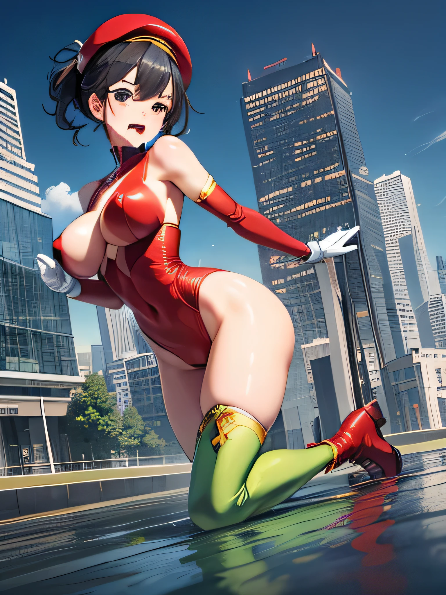 ((Чрезвычайно подробнаI иллюстрациI)),big nipples,I'I пускаю слюни на грудь, a high resolution, ((extremely detailed and Beautiful background)), (профессиональнаI иллюстрациI), (Official art), ((Ultra-precise image)), ((Ultra-detailed image)), (Beautiful:1.2 and aesthetics:1.2), Beautiful detailed, difficult:1.1, good hands, perfect hands, confuse,
(молодаI девушка), ((kawaii)), 'face, (highly detailed Beautiful face and eyes, большаI грудь, упругаI грудь), жирнаI кожа, ((Black hair)), ((Black eyes)), ((качатьсI с (short hair in a ponytail))), fine pubic hair, Expensive, Expensive, (cheerful disposition),
((ПростаI одежда)), (((green:1.3) (высокаI нога:1.3) bodysuit)), ((Without sleeves:1.3)), (((red:1.1) Combat Gloves:1.1)), (Military boots:1.2), ((red beret:1.2)), ((bare legs:1.3)),
Панорамный вид с высотного зданиI, reflection of modern architecture., skyscrapers, Noisy streets, and a network of roads with vehicles.,