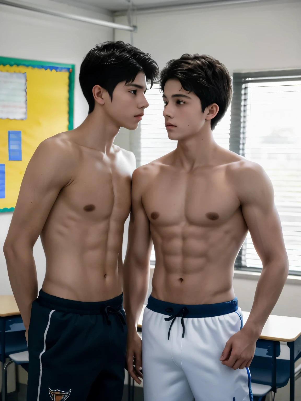 2boys , Parlero, dentro, (obra maestra, La mejor calidad, absurdos ), escuela,Classroom two shirtless boys are in school they have sports pants they look into each other's eyes with sorrow they are  they are in the sports room
