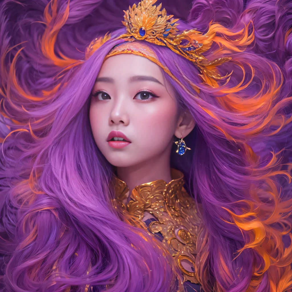 3860 Cyberpunk Year(masterpiece,HD,超HD,32k)Bright purple flowing hair,autumn pond,we disagree, a color, Asian (Michiko), (silk scarf), fighting stance, looking at the ground, Orange gradient long hair, Floating bright purple, Fire cloud gold headdress, Chinese long-sleeved gold silk garment, (Abstract ink splash:1.2),mars background,lotus(realistically:1.4),bright purple hair,Smoke on the road,The background is very pure, high resolution, detail, original photo, Sharp Re, Nikon D850 film photo by Jefferies Lee 4 Kodak Portra 400 camera F1.6 guns, rich and colorful, Super real、Vivid textures, dramatic lighting, Unreal Engine Art Station Trend, Silicon Nest 800,Bright purple flowing hair