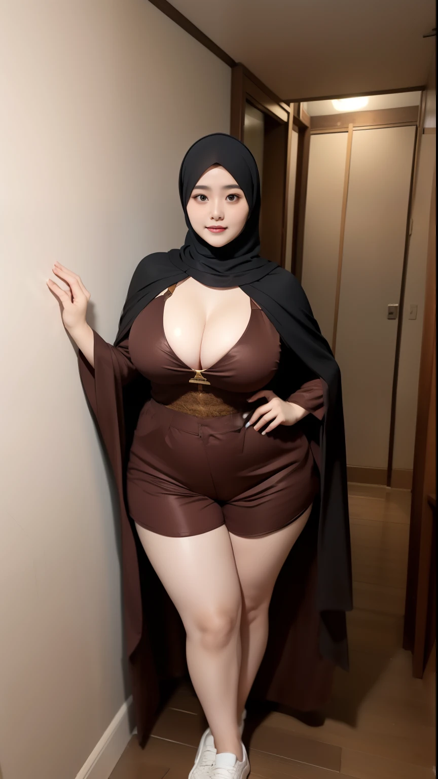 woman in brown dress and shorts hairstyle Leaning against the wall of the dark room, wearing brown clothes and cape, hijab outfit, with a long brown cape, hijab fashion model, plus size, plus size woman, wearing brown robe, woman in brown robes, beautiful burqa's woman, thicc, brown outfit,, wearing a brown robe, brown , with cape, bbwchan, large cleavage, very large cleavage, massive cleavage , wearing a sneakers, 35 years old woman, asian women , short hair, fullbody 