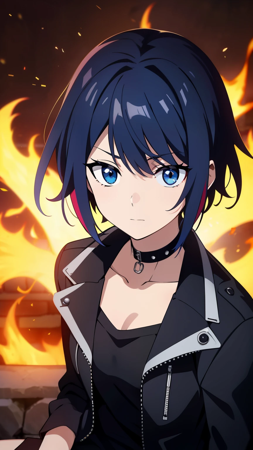 (high-quality, breathtaking),(expressive eyes, perfect face) 1girl, female, solo, young adult, short hair length, tomboy theme, black hair, blue streaks in hair, multicolored hair, blue highlight in hair, blue eyes, slightly narrow eyes, small smile, calm expression, short hair at the back then long bangs at the front, wild hair, really spiky hair, flowy hair, flame like hair, flame background, rainbow fire background, goth punk clothing, shirt, thick punk jacket, short skirt, boots, blue fingernails, choker, side bangs, age 20's, portrait, upper body
