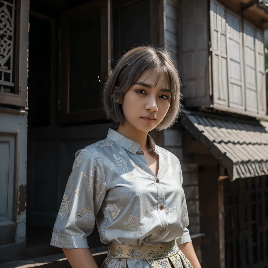 High detail, clarity, 8kk, young girl, 18 years old, light gray hair, short haircut, black eyes, standing on a house, wear kebaya, indonesian, beutiful, batik on skirt, vans sneaker