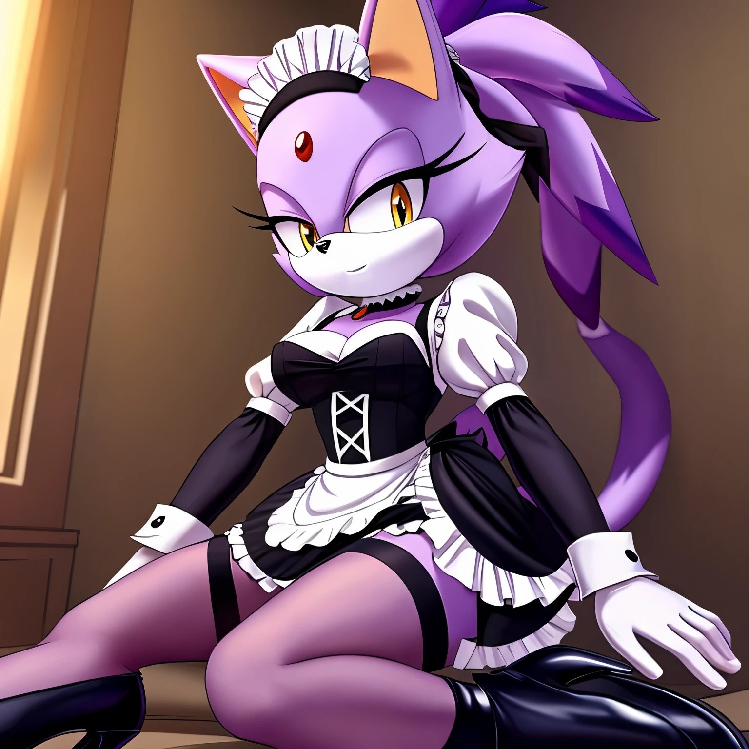 Blaze the Cat with her hair down, sexy maid attire, maid dress, puffy sleeves, long gloves, stockings, black heels, long hair