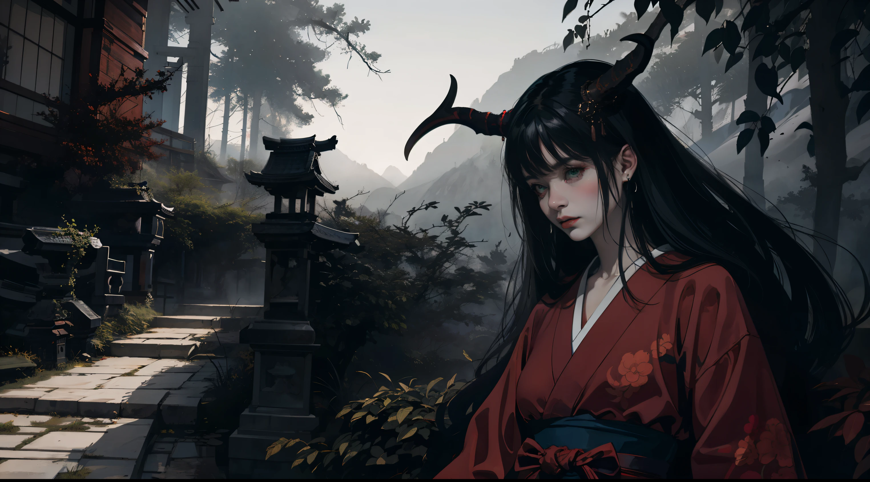 scared samurai oni mask,monster background,(best quality,4k,8k,highres,masterpiece:1.2),ultra-detailed,(realistic,photorealistic,photo-realistic:1.37),dark and mysterious atmosphere,ominous lighting,authentic Japanese texture,ominous and towering mountains,misty and eerie forest,haunting green eyes,loud growls piercing the silence,sharp and menacing horns,intimidating presence of shadows,dynamic and intense brush strokes,evokes traditional Japanese woodblock prints.