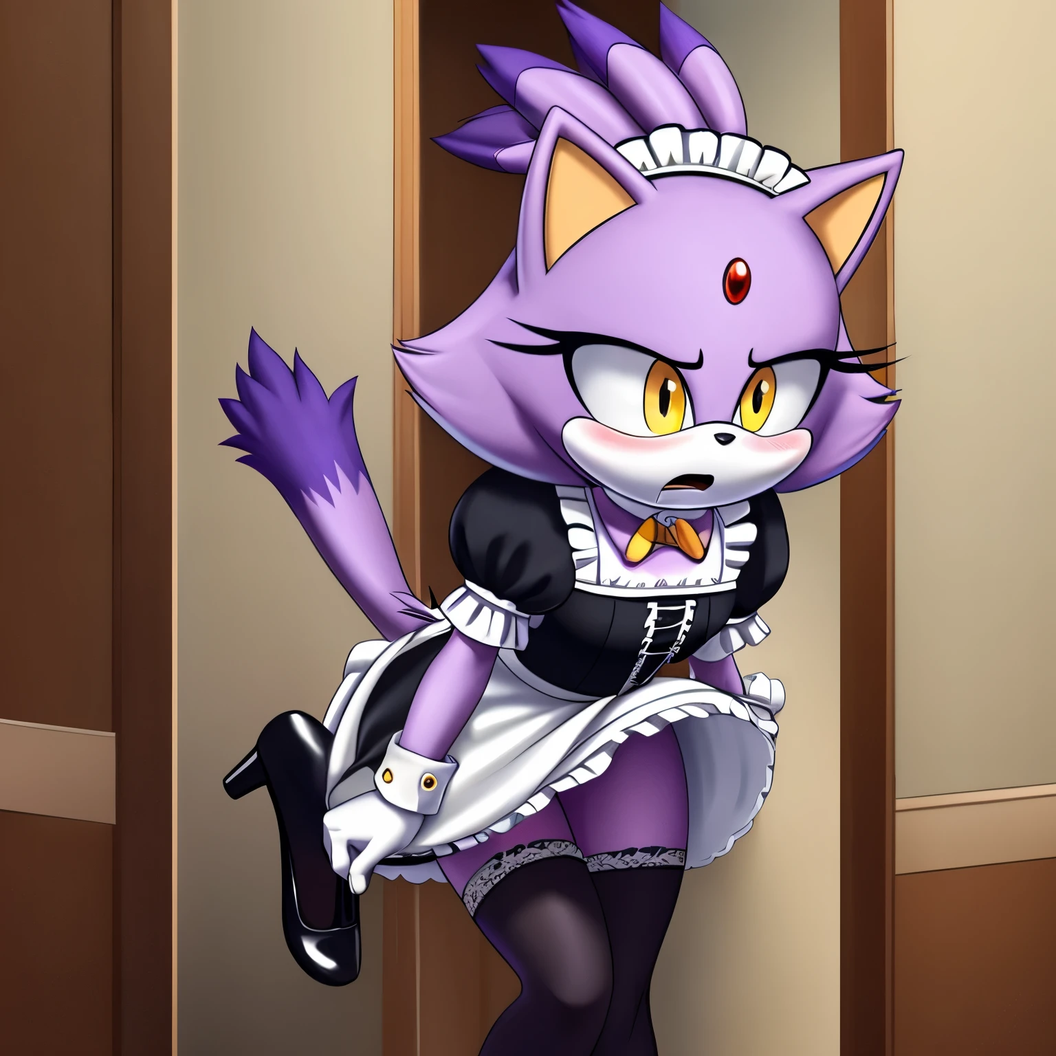 Blaze the Cat with her hair down, sexy maid attire, maid dress, puffy sleeves, long gloves, stockings, black heels, long hair, scared and embarrassed