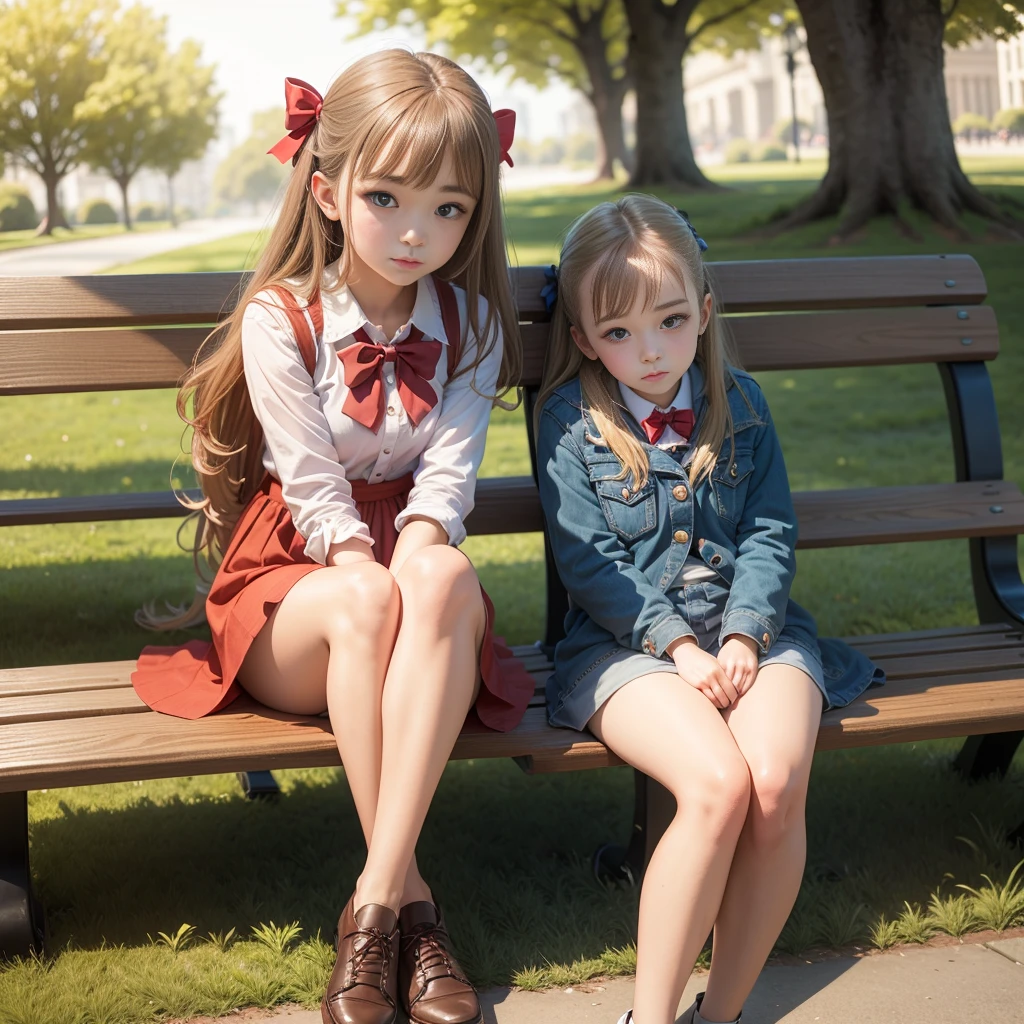 beautiful girl, with a red bow, sitting on a bench in the park, Worms Eye View