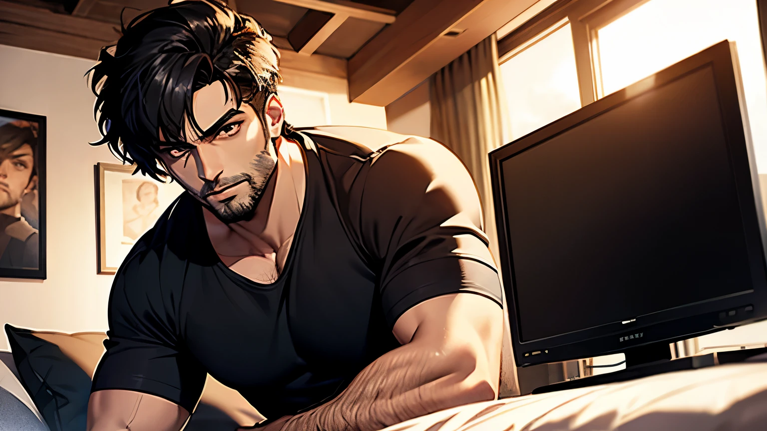 Karan Wahi with beard watching tv in bedroom