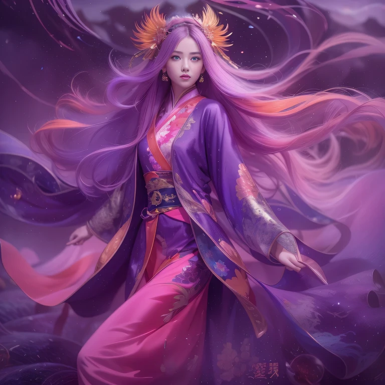 3860 Cyberpunk Year（masterpiece，HD，超HD，32k lotus root starch）Bright purple flowing hair，autumn pond，we disagree， lotus root starch color， Asian （Michiko）， （silk scarf）， fighting stance， looking at the ground， Orange gradient long hair， ((prettyeyes))Floating bright purple， Fire cloud gold headdress， Chinese long-sleeved gold silk garment， （Abstract ink splash：1.2），mars background，lotus（realistically：1.4），bright purple hair，Smoke on the road，The background is very pure， high resolution， detail， RAW photos lotus root starch， Sharp Re， Nikon D850 film photo by Jefferies Lee 4 Kodak Portra 400 camera F1.6 guns, rich and colorful, Super real、Vivid textures, dramatic lighting, Unreal Engine Art Station Trend, Silicon Nest 800，Bright purple flowing hair