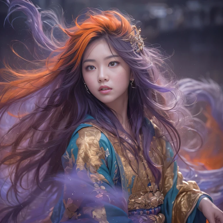 3860 Cyberpunk Year(masterpiece,HD,超HD,32k lotus root starch)Bright purple flowing hair,autumn pond,we disagree, lotus root starch color, Asian (Michiko), (silk scarf), fighting stance, looking at the ground, Orange gradient long hair, ((prettyeyes))Floating bright purple, Fire cloud gold headdress, Chinese long-sleeved gold silk garment, (Abstract ink splash:1.2),mars background,lotus(realistically:1.4),bright purple hair,Smoke on the road,The background is very pure, high resolution, detail, RAW photos lotus root starch, Sharp Re, Nikon D850 film photo by Jefferies Lee 4 Kodak Portra 400 camera F1.6 guns, rich and colorful, Super real、Vivid textures, dramatic lighting, Unreal Engine Art Station Trend, Silicon Nest 800,Bright purple flowing hair