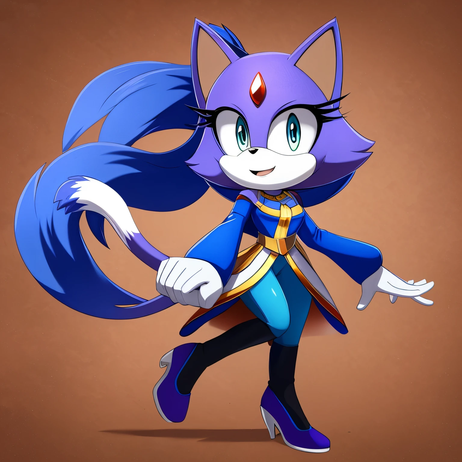 Female, Mobian, Cat, royal blue Blaze the cat like attire, long hair, turquoise fur