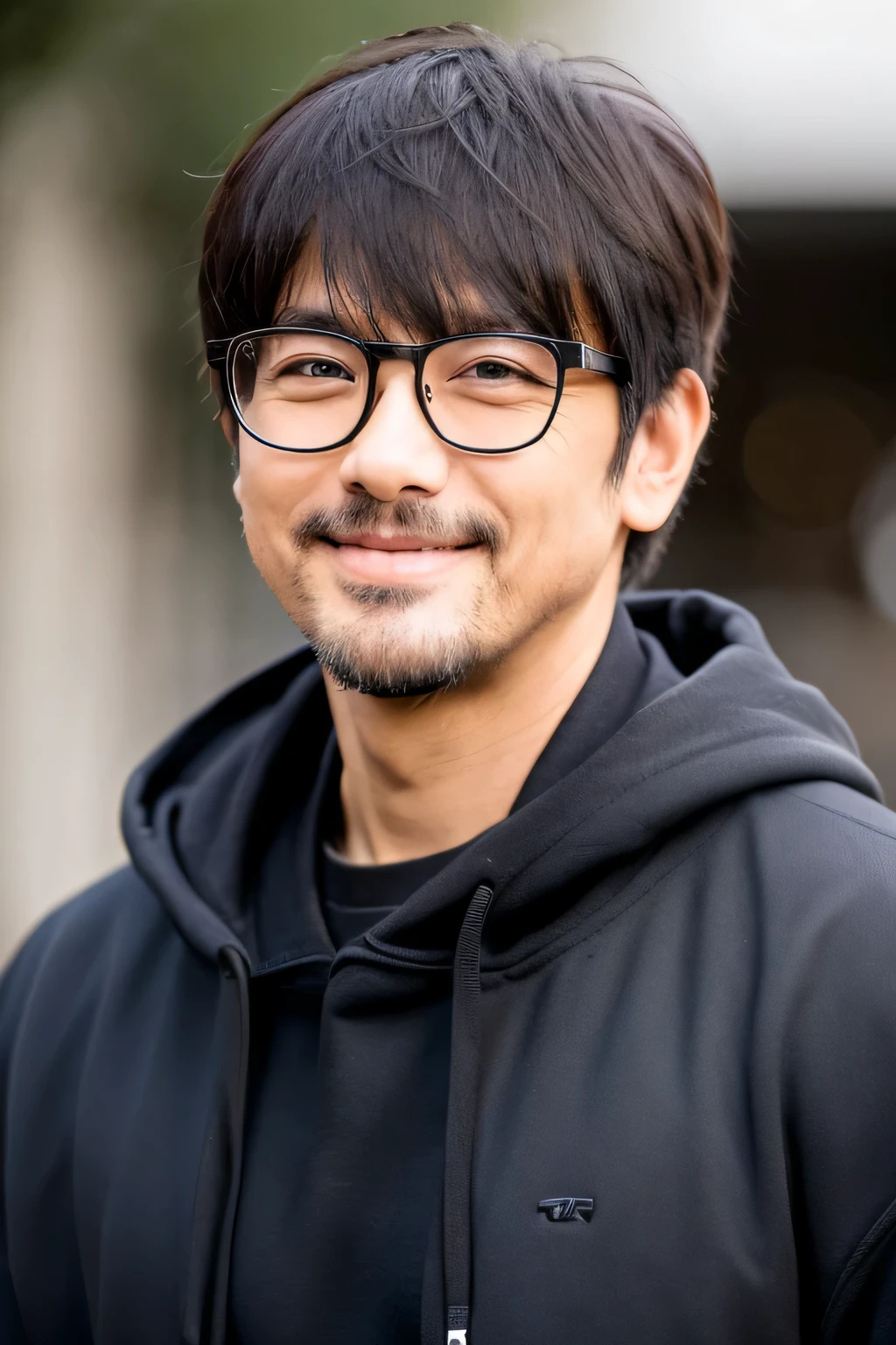 a man in his 40s,smile,Wearing a black hoodie,Black short-haired,has a short beard,dandy,good looking,big mouth,smile,wearing glasses,no background,alone alone,i have a short beard,facing forward