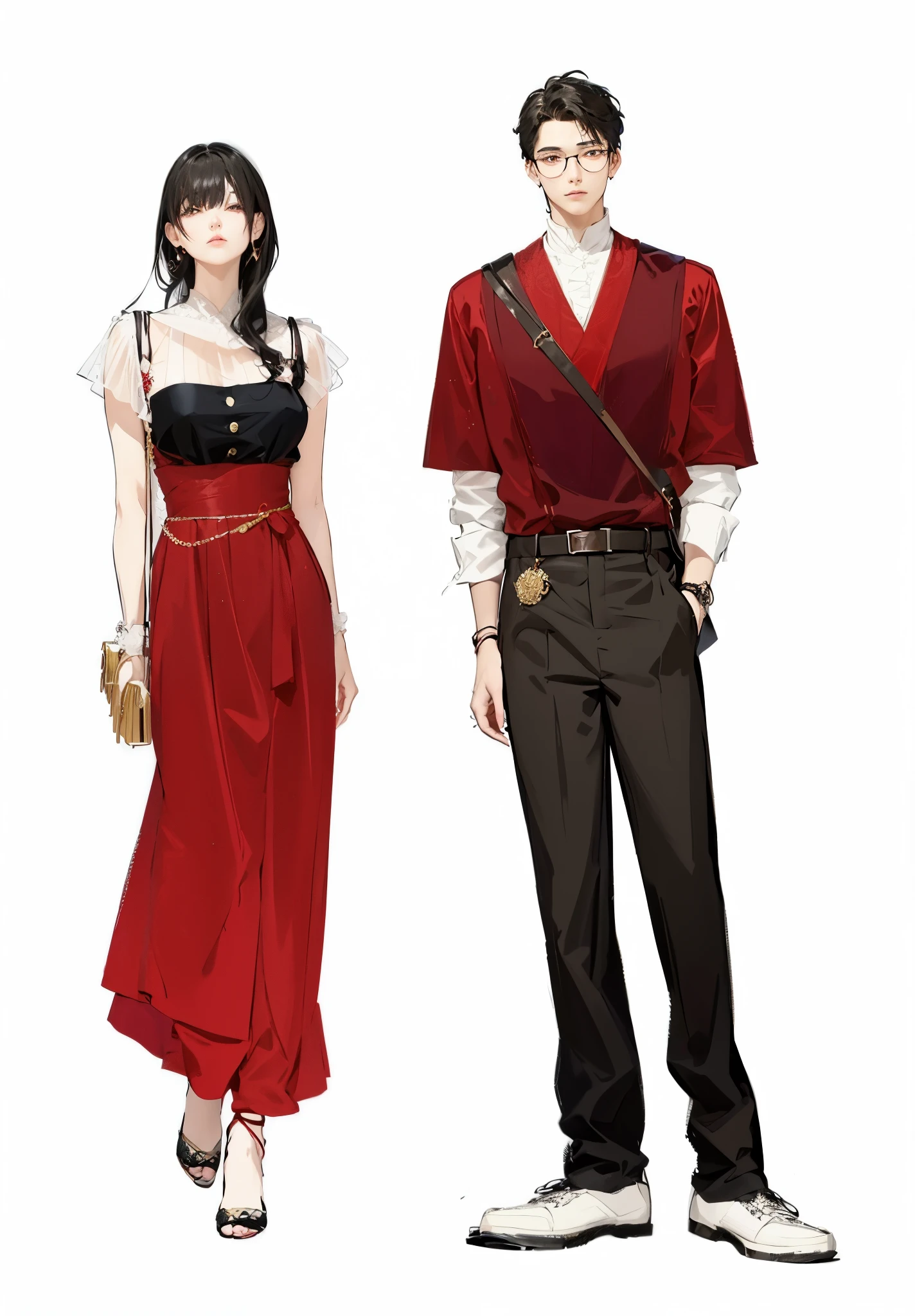 Anime characters wearing red and black clothes standing side by side, Wear long, flowing clothes, red clothes, Fashion Design, Crimson clothes, Wear flowing clothes, wearing red dress, Black and red silk clothing, Dress up in dreamy formal attire, Diverse clothing, Fashion Designs, wearing red clothes, 穿着red clothes, Fashion Design, Very detailed and rich costumes
