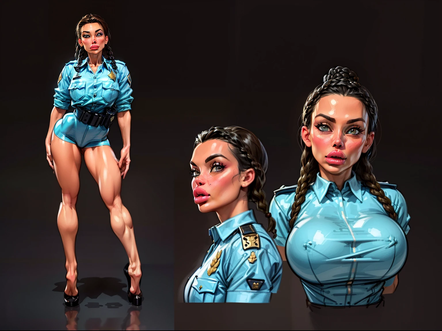 ((masterpiece)),(((best quality))),((character design sheet)), illustration,1woman, environment Scene change, (long braided hair:1.4),((police officer:1.5)), muscular, black legs, thick legs, (pale skin:1.3), scribbles and marks, light blue shirt, ((detailed face:1.3)), rough sketches, (puffy lips:1.5), pose too, ((brunette hair:1.2)), (police officer outfit:1.4) , 8k,16k, (simple background, black background: 1.3)