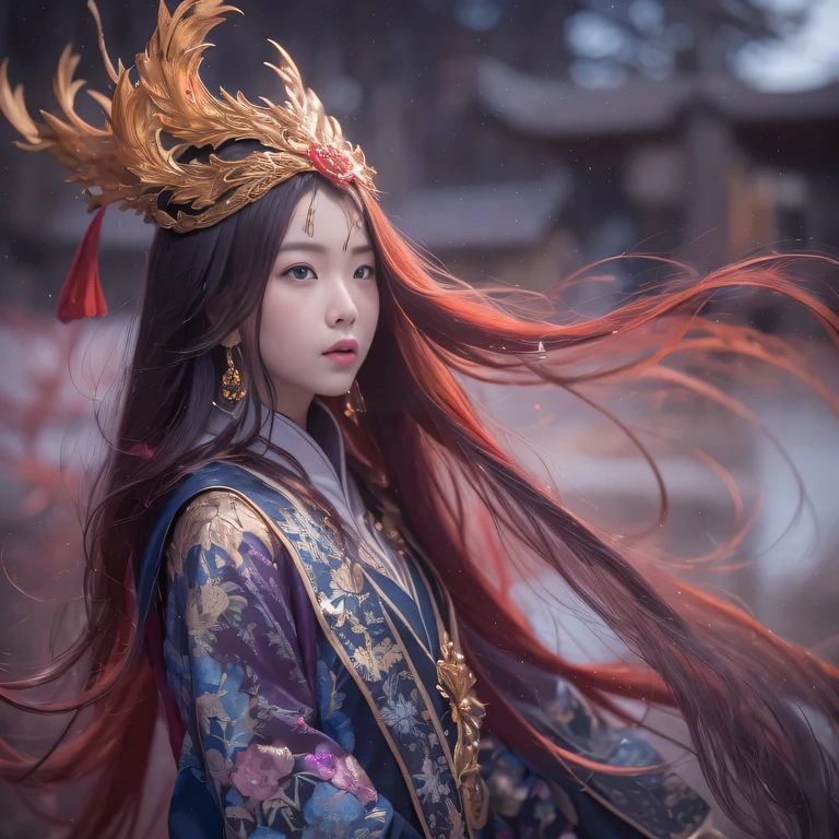3860 Cyberpunk Year(masterpiece,HD,超HD,32k lotus root starch)Bright purple flowing hair,autumn pond,we disagree, lotus root starch color, Asian (Michiko), (silk scarf), fighting stance, looking at the ground, Orange gradient long hair, ((prettyeyes))Floating bright purple, Fire cloud gold headdress, Chinese long-sleeved gold silk garment, (Abstract ink splash:1.2),mars background,lotus(realistically:1.4),bright purple hair,Smoke on the road,The background is very pure, high resolution, detail, RAW photos lotus root starch, Sharp Re, Nikon D850 film photo by Jefferies Lee 4 Kodak Portra 400 camera F1.6 guns, rich and colorful, Super real、Vivid textures, dramatic lighting, Unreal Engine Art Station Trend, Silicon Nest 800,Bright purple flowing hair