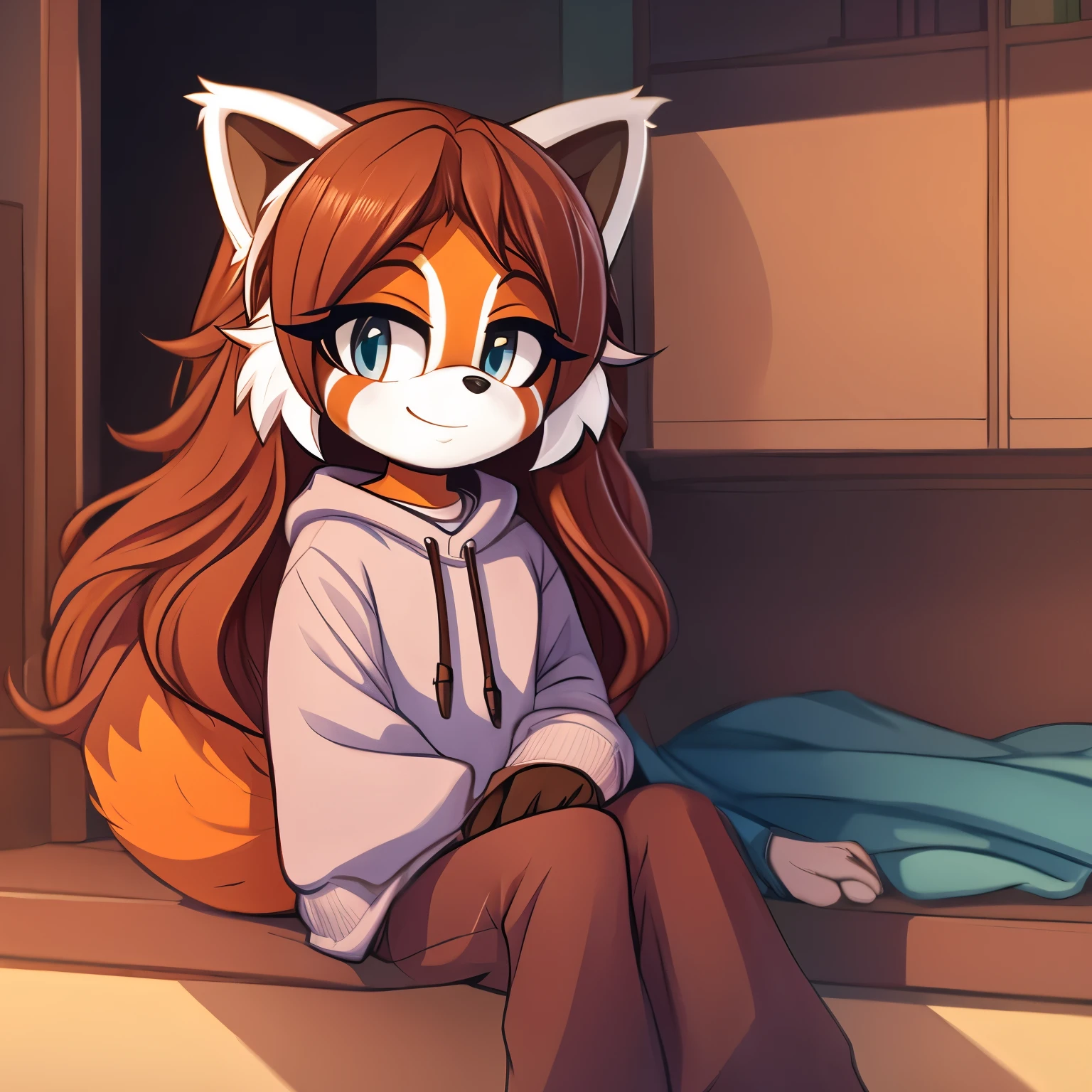 Female, mobian, red panda, long hair, casual wear, comfy clothes