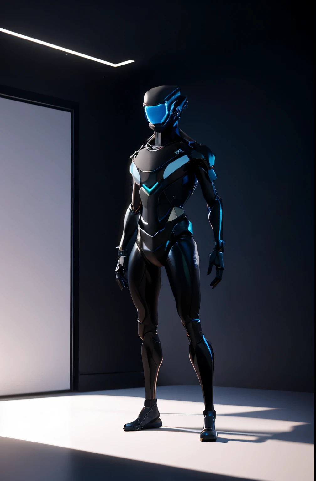 A sexy 3D mascot representing a cutting-edge real estate brand, standing provocatively in a T-Pose position, with dynamic lighting casting dramatic shadows across its figure, set within a sleek, minimalist interior adorned with high-tech gadgets and futuristic furnishings, creating an atmosphere of sophistication and intrigue, 3D modeling, rendered with photorealistic textures, --ar 16:9 --v 5