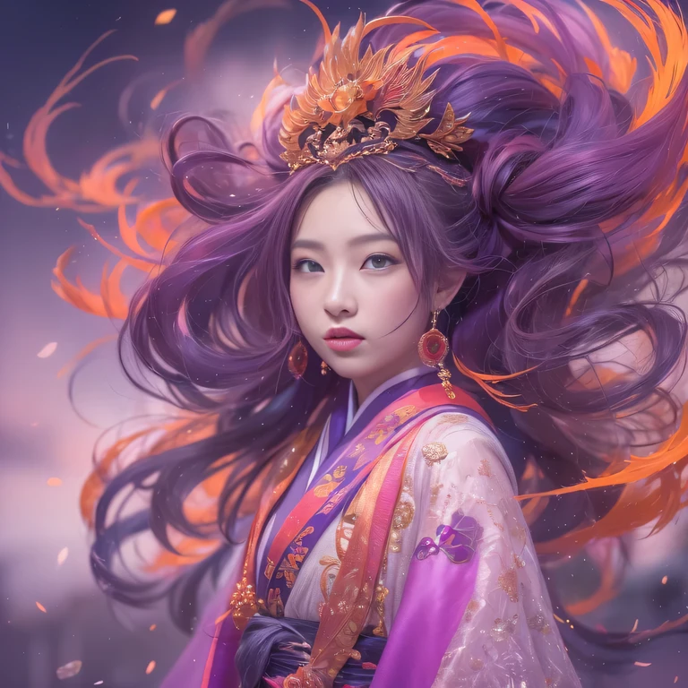 3860 Cyberpunk Year(masterpiece,HD,超HD,32k lotus root starch)Bright purple flowing hair,autumn pond,we disagree, lotus root starch color, Asian (Michiko), (silk scarf), fighting stance, looking at the ground, Orange gradient long hair, ((prettyeyes))Floating bright purple, Fire cloud gold headdress, Chinese long-sleeved gold silk garment, (Abstract ink splash:1.2),mars background,lotus(realistically:1.4),bright purple hair,Smoke on the road,The background is very pure, high resolution, detail, RAW photos lotus root starch, Sharp Re, Nikon D850 film photo by Jefferies Lee 4 Kodak Portra 400 camera F1.6 guns, rich and colorful, Super real、Vivid textures, dramatic lighting, Unreal Engine Art Station Trend, Silicon Nest 800,Bright purple flowing hair