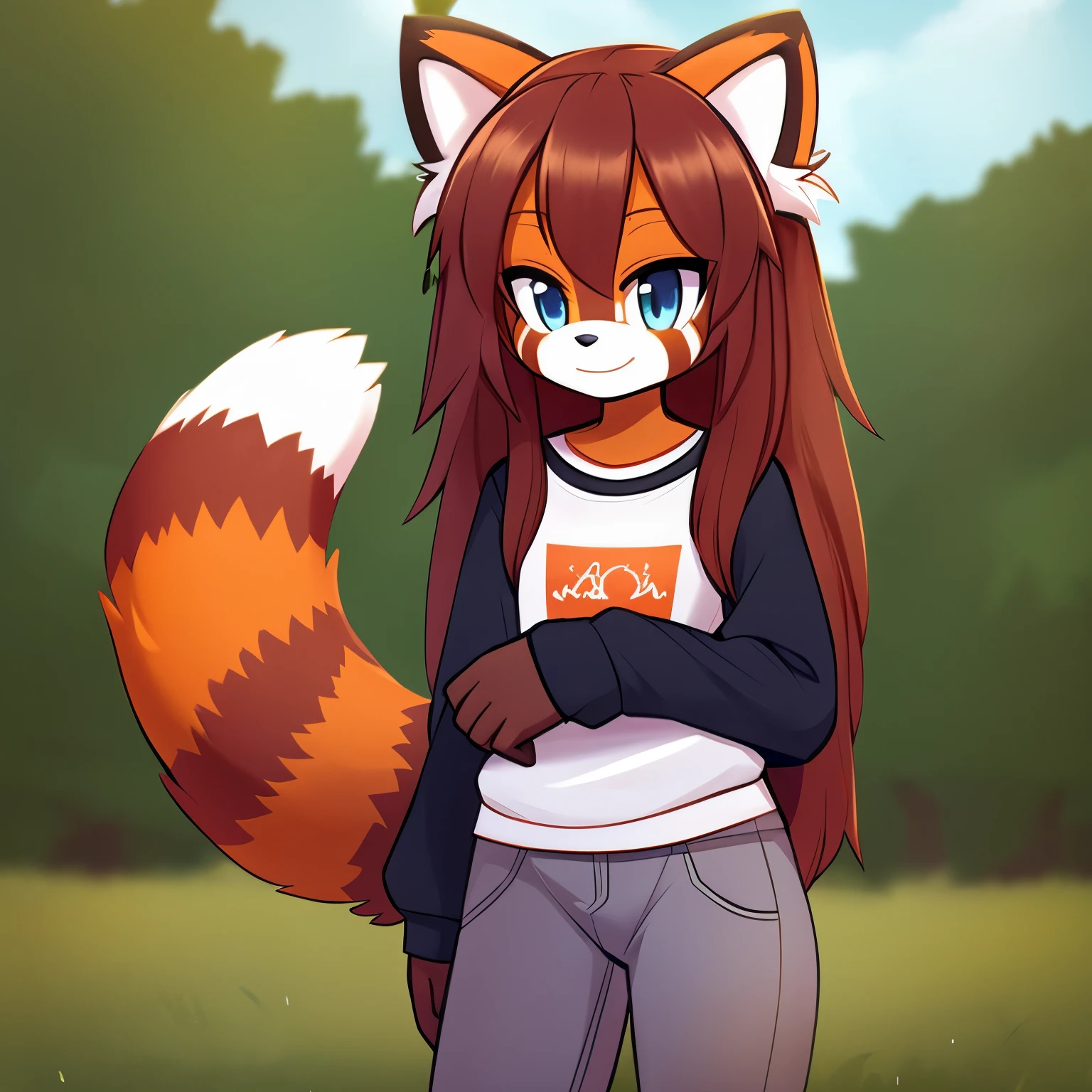 Female, mobian, red panda, long hair, casual wear, comfy clothes