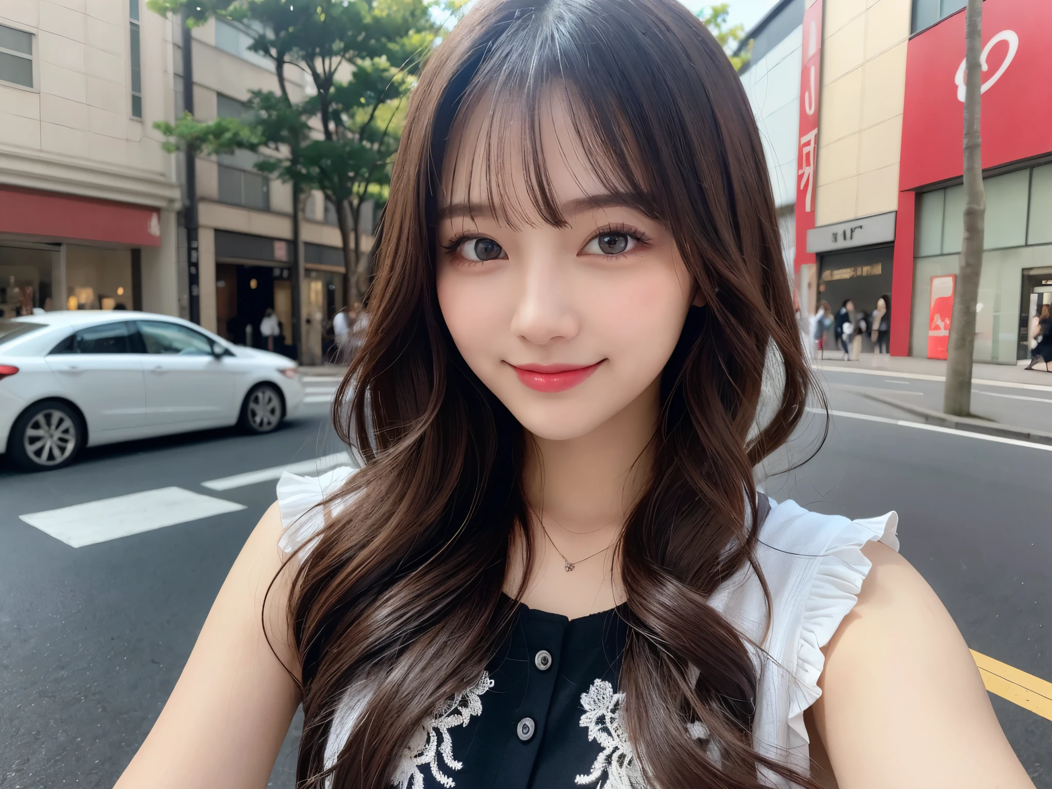 (mastepiece, Best Quality:1.3), real photo, Ultra-detailed, detailed, high resolution, 8K wallpaper, perfect dynamic composition, beautiful detailed eyes, spring ladies fashion, medium wavy hair, natural coloured lips, bold sexy pose, smiling face, Harajuku, 20 year old girl, cute, sexy shot looking at camera.