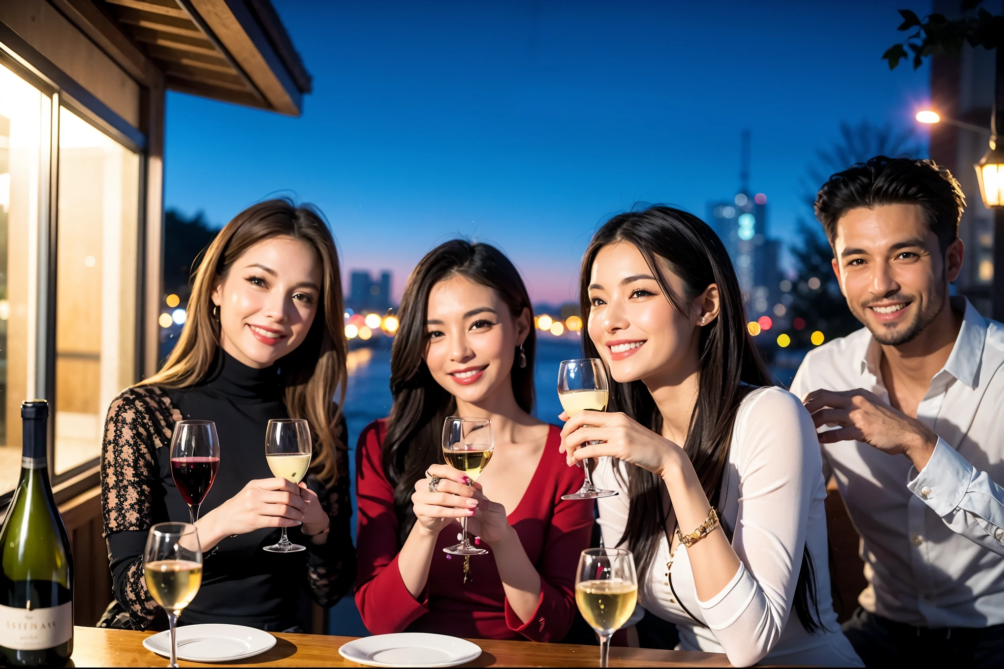 64k, UHD, highest quality, masterpiece: 1.2), (realistic, photorealistic: 1.37), Super detailed, celebration party、beauty、charming、beautiful mature woman、3 women who love wine、three men、champagne、Sparkling wine、winter night、restaurantでワイン宴会、(slimな男女4名),(Wine party for 5 people)、(slimフェイス),Happy、 最高なsmile、Fox Face、Raccoon face、Berry Short、(because I'thin), (brown hair), (shortcut), long sleeve shirt、winter fashion、Colombia、Brazilian、Japanese、Dutch、German、Portuguese、Belgian、Italian、french, (gushing), (slimボティ), (brown hair), (shortcut), 端正なbeauty、cheeks blush a little, (41 years old), 38 years old, 35 years old、32 years old、 A beautiful and detailed night view spreads out outside the window......, restaurant, wine glassが座っている, At night, in a prominent place (from the Upper body) nova frog style, actress, model, Upper body, White wine, slim, wine glass, Very beautiful night view, wine glass Put in the Middle, Happy smile, (smile: 1.15),