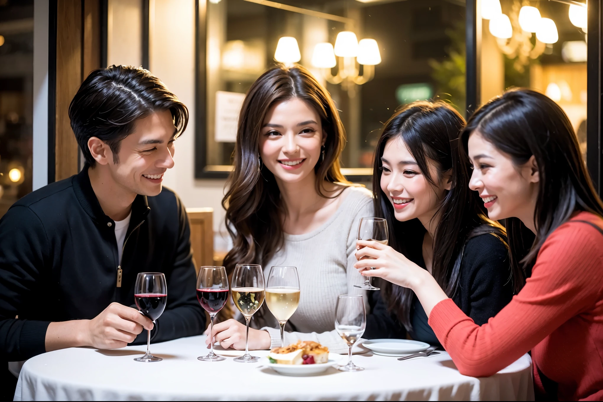 64k, UHD, highest quality, masterpiece: 1.2), (realistic, photorealistic: 1.37), Super detailed, celebration party、beauty、charming、beautiful mature woman、3 women who love wine、three men、champagne、Sparkling wine、winter night、restaurantでワイン宴会、(slimな男女4名),(Wine party for 5 people)、(slimフェイス),Happy、 最高なsmile、Fox Face、Raccoon face、Berry Short、(because I'thin), (brown hair), (shortcut), long sleeve shirt、winter fashion、Colombia、Brazilian、Japanese、Dutch、German、Portuguese、Belgian、Italian、french, (gushing), (slimボティ), (brown hair), (shortcut), 端正なbeauty、cheeks blush a little, (41 years old), 38 years old, 35 years old、32 years old、 A beautiful and detailed night view spreads out outside the window......, restaurant, wine glassが座っている, At night, in a prominent place (from the Upper body) nova frog style, actress, model, Upper body, White wine, slim, wine glass, Very beautiful night view, wine glass Put in the Middle, Happy smile, (smile: 1.15),