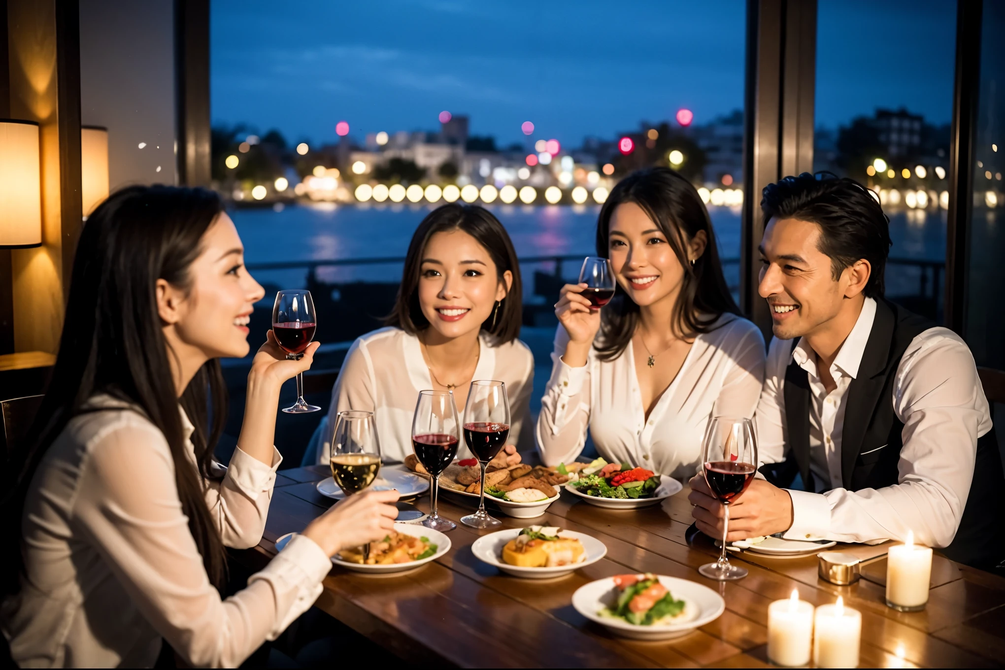 64k, UHD, highest quality, masterpiece: 1.2), (realistic, photorealistic: 1.37), Super detailed, celebration party、beauty、charming、beautiful mature woman、3 women who love wine、three men、champagne、Sparkling wine、winter night、restaurantでワイン宴会、(slimな男女4名),(Wine party for 5 people)、(slimフェイス),Happy、 最高なsmile、Fox Face、Raccoon face、Berry Short、(because I'thin), (brown hair), (shortcut), long sleeve shirt、winter fashion、Colombia、Brazilian、Japanese、Dutch、German、Portuguese、Belgian、Italian、french, (gushing), (slimボティ), (brown hair), (shortcut), 端正なbeauty、cheeks blush a little, (41 years old), 38 years old, 35 years old、32 years old、 A beautiful and detailed night view spreads out outside the window......, restaurant, wine glassが座っている, At night, in a prominent place (from the Upper body) nova frog style, actress, model, Upper body, White wine, slim, wine glass, Very beautiful night view, wine glass Put in the Middle, Happy smile, (smile: 1.15),
