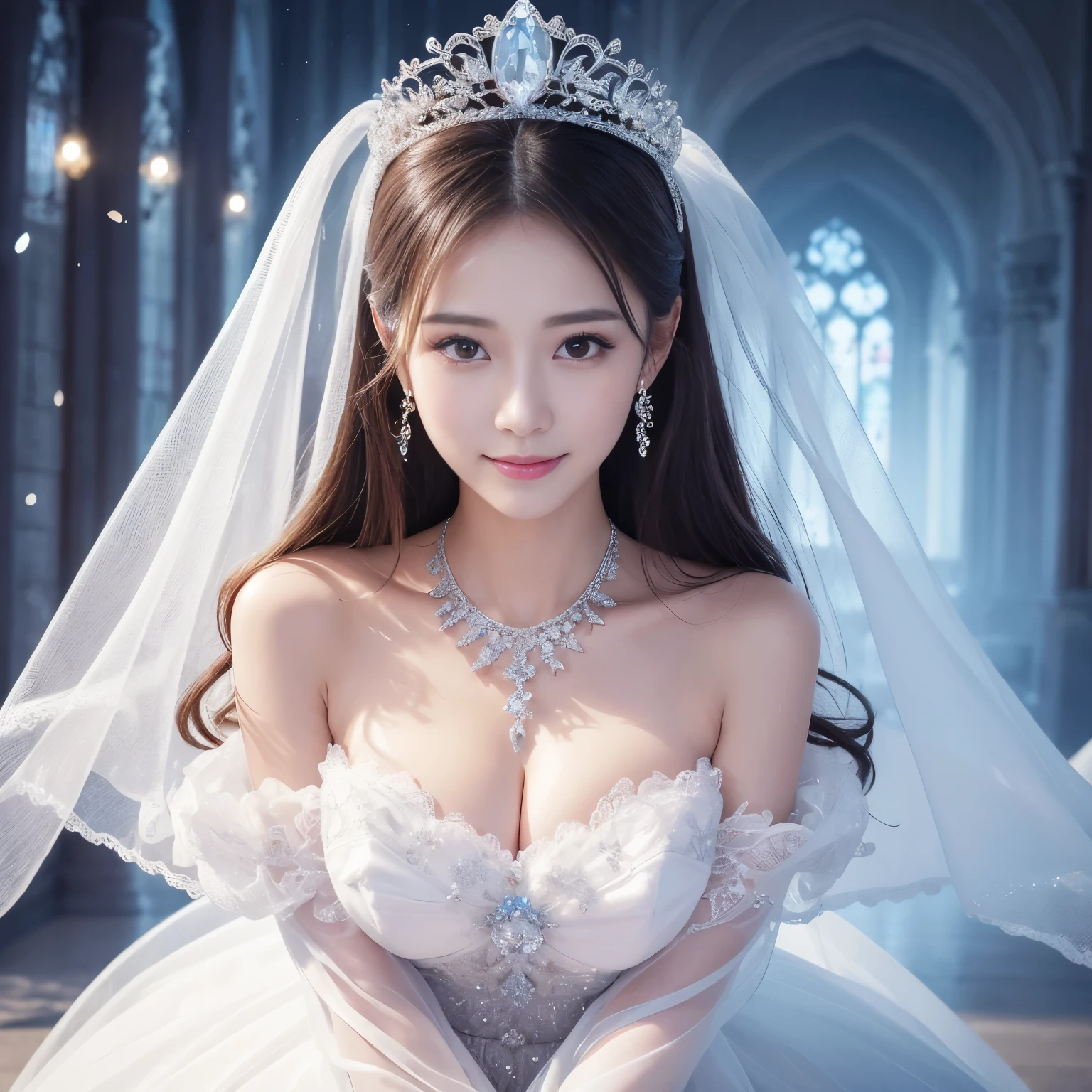 ((highest quality、table top、8K、best image quality、extremely complex and detailed depiction))、snow princess、(The most luxurious ice and crystal palace cathedral:1.1)、(The most fantastic ice and crystal giant palace:1.1)、(The most magical cathedral made of ice and crystal:1.1)、(A fantastic ice palace cathedral that shines intricately:1.1)、(Elegant palace pillars made of ice and crystal:1.1)、Beautiful shining crystal、The most luxurious and highest quality giant tiara、The most luxurious and highest quality giant necklace、big and full breasts、skin as white as snow、glowing skin、Dresses that shine in silver、Elegant and beautiful pure white snow dress、elegant decoration、Diamond Decoration、artistic decoration、Luxury beyond imagination、The most gorgeous decorations in the world、skin as white as snow、Pure white makeup、glowing skin、Dresses that shine in silver、jewelry embellishments、Luxury beyond imagination、The most gorgeous decorations in the world、Diamond dust、The most realistic and complex backgrounds、Highly detailed and realistic background、the best smile when you look at me、shining snow is falling、upper body photo