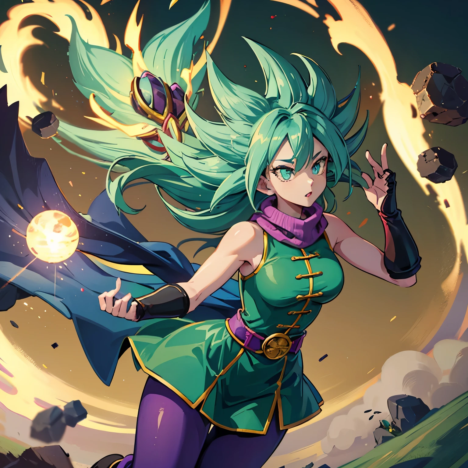 Female, woman, race: “Cerealian from Dragon Ball Super Manga”, mint green hair, has light skin, wavy mint green hair, long hair, large hair bangs, one mint green eye and one red eye, attire consists of a dark green shirt under a green coat with yellow buttons, a long brown scarf, a dual-buckled belt, and brown gloves and boots