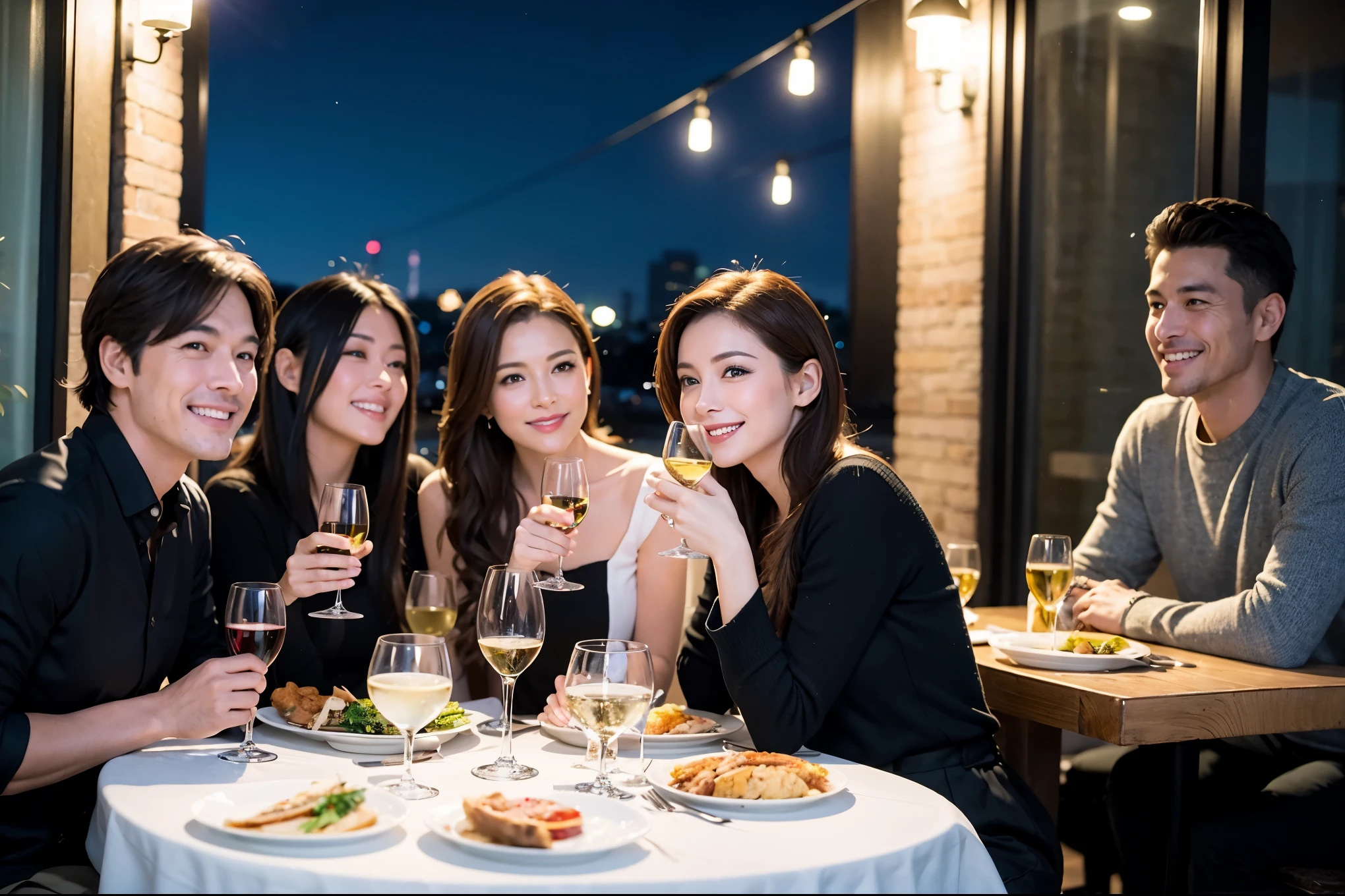 64k, UHD, highest quality, masterpiece: 1.2), (realistic, photorealistic: 1.37), Super detailed, celebration party、beauty、charming、beautiful mature woman、3 women who love wine、three men、champagne、Sparkling wine、winter night、restaurantでワイン宴会、(slimな男女4名),(Wine party for 5 people)、(slimフェイス),Happy、 最高なsmile、Fox Face、Raccoon face、Berry Short、(because I'thin), (brown hair), (shortcut), long sleeve shirt、winter fashion、Colombia、Brazilian、Japanese、Dutch、German、Portuguese、Belgian、Italian、french, (gushing), (slimボティ), (brown hair), (shortcut), 端正なbeauty、cheeks blush a little, (41 years old), 38 years old, 35 years old、32 years old、 A beautiful and detailed night view spreads out outside the window......, restaurant, wine glassが座っている, At night, in a prominent place (from the Upper body) nova frog style, actress, model, Upper body, White wine, slim, wine glass, Very beautiful night view, wine glass Put in the Middle, Happy smile, (smile: 1.15),