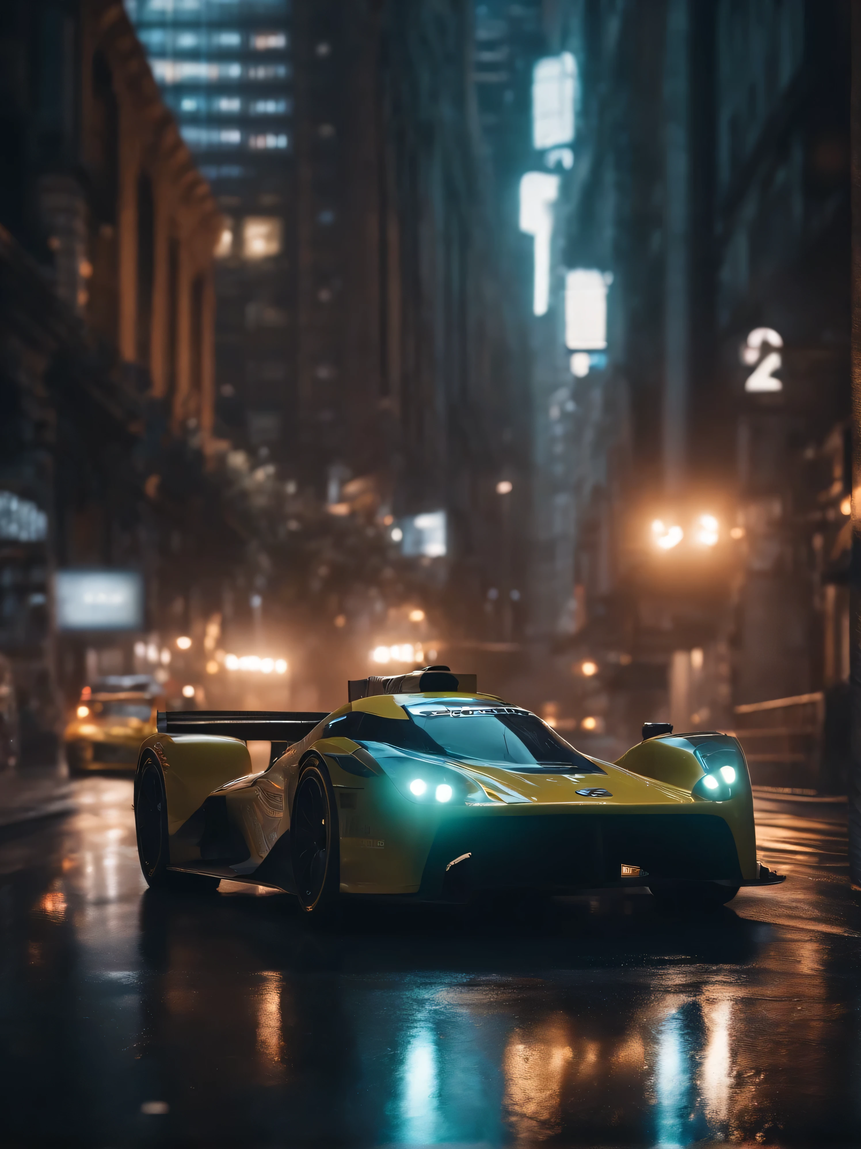 It's raining,Alapid races around city streets in cyberpunk style, f1 racing car blurred in background, motor sport photography, The power of visual effects in cyberpunk city night, new york in the future, 8k vray rendering, frontal shot, Ray tracing 8K, Ray tracing 8K, photorealistic rendering, Detailed rendering, vray 8k rendering, background blur