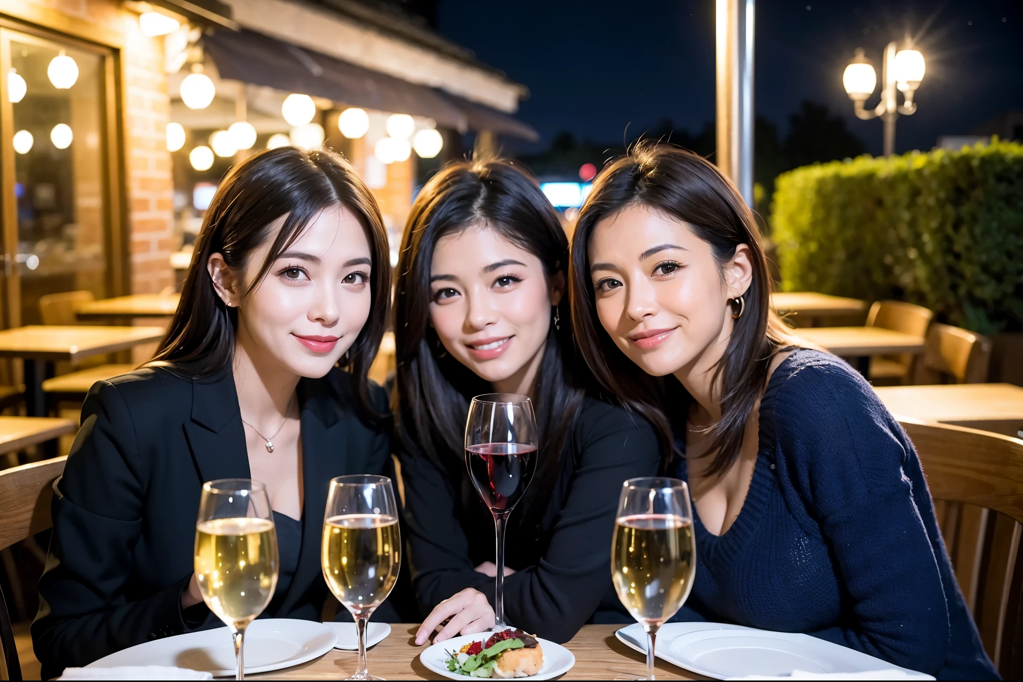 64k, UHD, highest quality, masterpiece: 1.2), (realistic, photorealistic: 1.37), Super detailed, celebration party、beauty、charming、beautiful mature woman、3 women who love wine、three men、champagne、Sparkling wine、winter night、restaurantでワイン宴会、(slimな男女4名),(Wine party for 5 people)、(slimフェイス),Happy、 最高なsmile、Fox Face、Raccoon face、Berry Short、(because I'thin), (brown hair), (shortcut), long sleeve shirt、winter fashion、Colombia、Brazilian、Japanese、Dutch、German、Portuguese、Belgian、Italian、french, (gushing), (slimボティ), (brown hair), (shortcut), 端正なbeauty、cheeks blush a little, (41 years old), 38 years old, 35 years old、32 years old、 A beautiful and detailed night view spreads out outside the window......, restaurant, wine glassが座っている, At night, in a prominent place (from the Upper body) nova frog style, actress, model, Upper body, White wine, slim, wine glass, Very beautiful night view, wine glass Put in the Middle, Happy smile, (smile: 1.15),