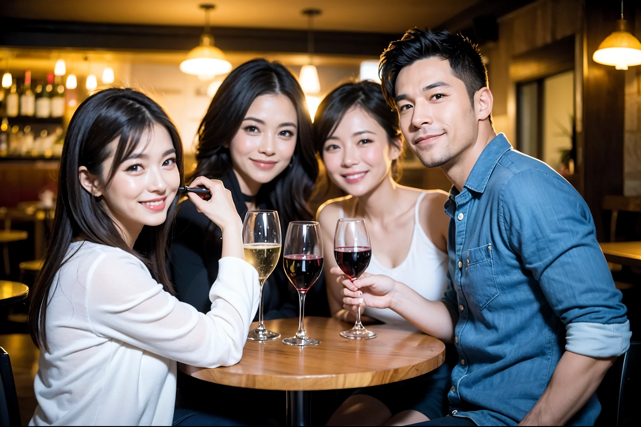 64k, UHD, highest quality, masterpiece: 1.2), (realistic, photorealistic: 1.37), Super detailed, celebration party、beauty、charming、beautiful mature woman、3 women who love wine、three men、champagne、Sparkling wine、winter night、restaurantでワイン宴会、(slimな男女4名),(Wine party for 5 people)、(slimフェイス),Happy、 最高なsmile、Fox Face、Raccoon face、Berry Short、(because I'thin), (brown hair), (shortcut), long sleeve shirt、winter fashion、Colombia、Brazilian、Japanese、Dutch、German、Portuguese、Belgian、Italian、french, (gushing), (slimボティ), (brown hair), (shortcut), 端正なbeauty、cheeks blush a little, (41 years old), 38 years old, 35 years old、32 years old、 A beautiful and detailed night view spreads out outside the window......, restaurant, wine glassが座っている, At night, in a prominent place (from the Upper body) nova frog style, actress, model, Upper body, White wine, slim, wine glass, Very beautiful night view, wine glass Put in the Middle, Happy smile, (smile: 1.15),