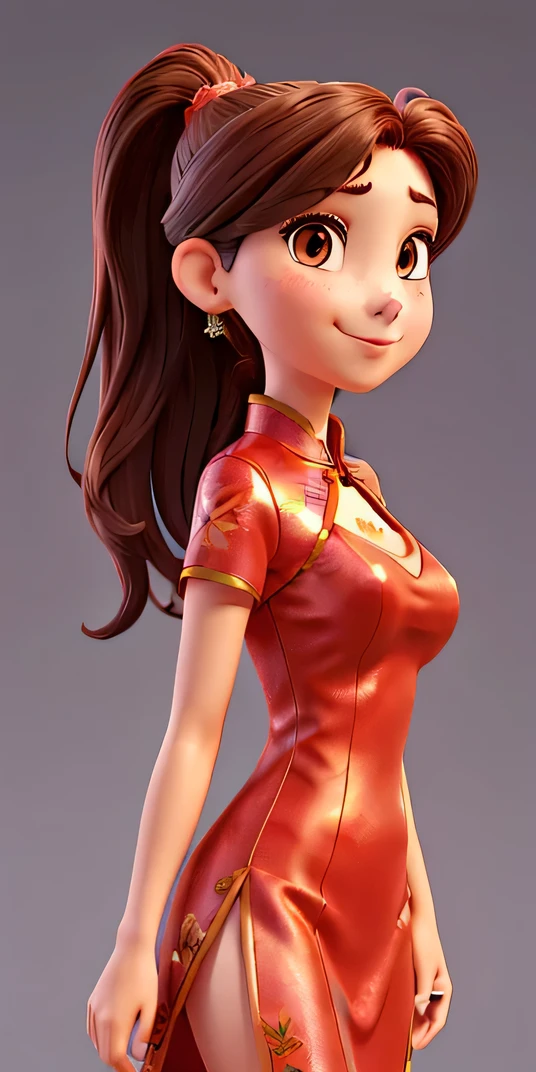 red cheongsam dress,brown hair,brown eyes,Long high ponytail, hair tie, makeup, 1 girl, Manga,25yo,mature female,Beautiful Finger,Beautiful long legs,Beautiful body,Beautiful Nose,Beautiful character design, perfect eyes, perfect face, smile, jewelry, hands on chest,see-through, looking at viewer, hair ornament, choker, shy, (masterpiece, top quality, best quality, official art, beautiful and aesthetic:1.2), (1 girl), extreme detailed, colorful, highest detailed, (huge breasts:1.2,) upper body, from below, cameltoe, white panties, floating dress, city,street, sun, cloud, wall, leaning,